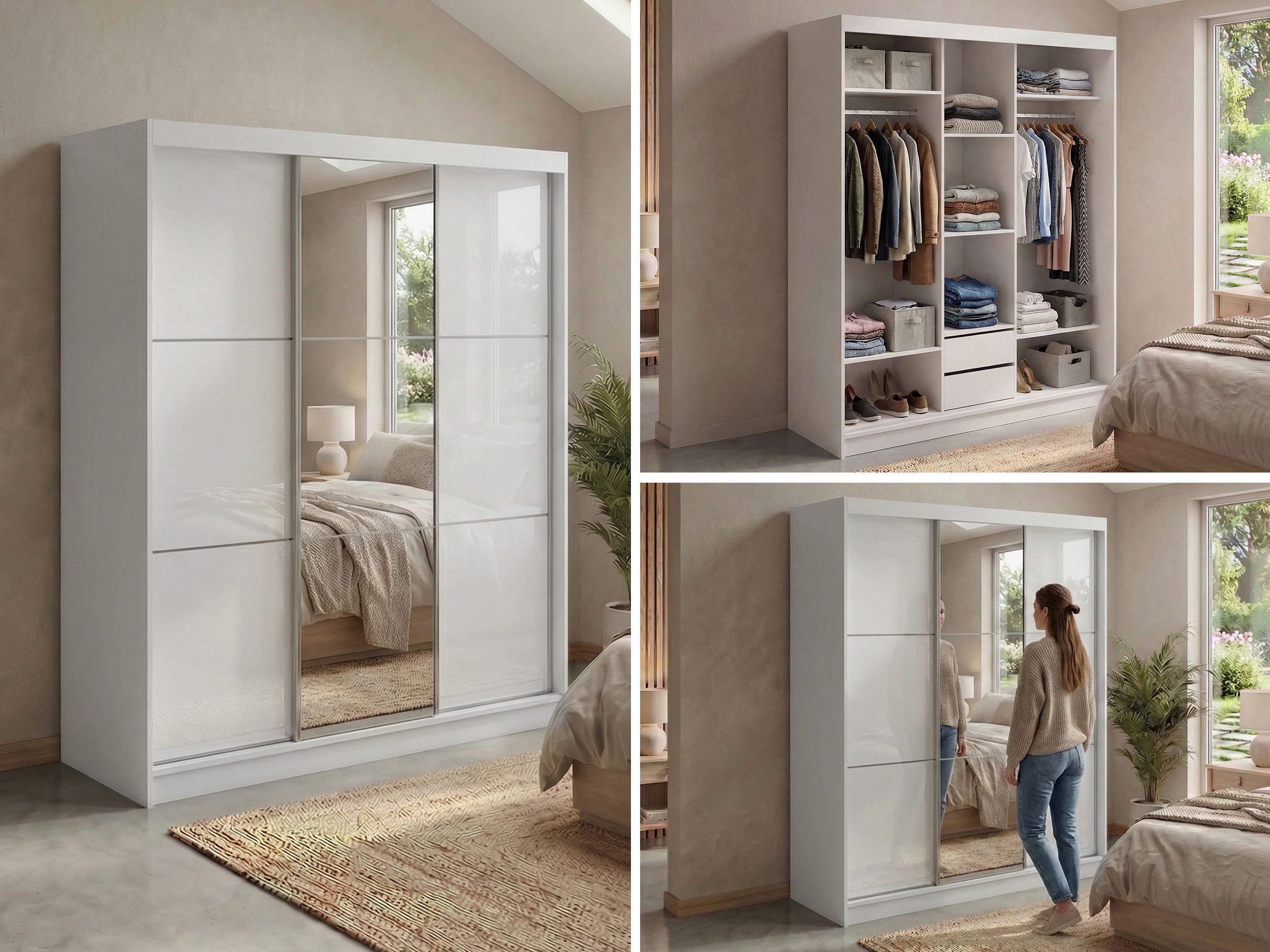 MKS MÖBEL Schiebetürenschrank WALENCJA 180 (Kleiderschrank mit Spiegel und Lacobel, Schubladen, Schwebetürenschrank) Kleiderschrank mit Stauraum, 216 cm hoch, 61 cm tief