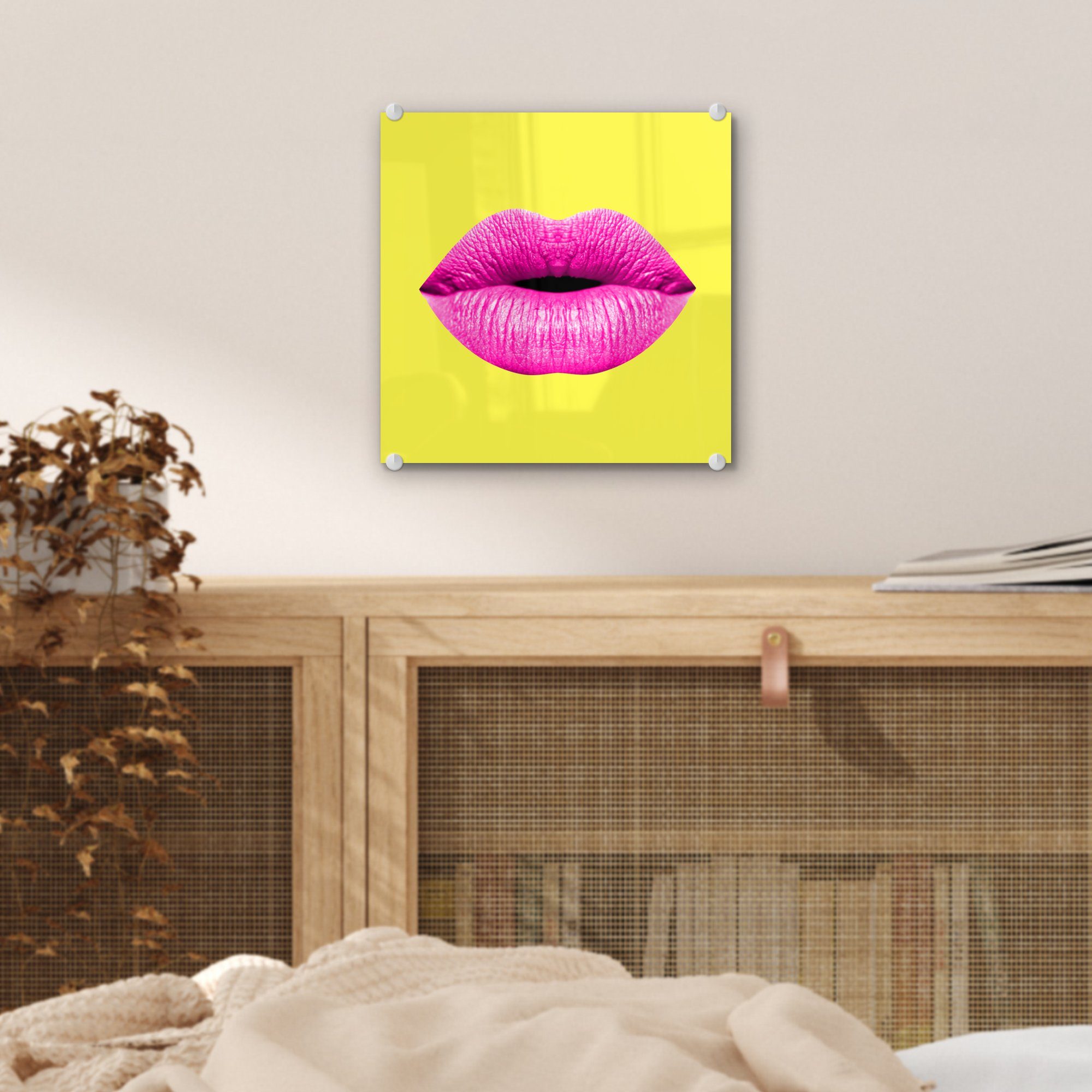 MuchoWow Acrylglasbild Lippen St), - - Foto Rosa auf auf Bilder - Glas Glasbilder Glas - Wandbild - (1 Gelb, Wanddekoration