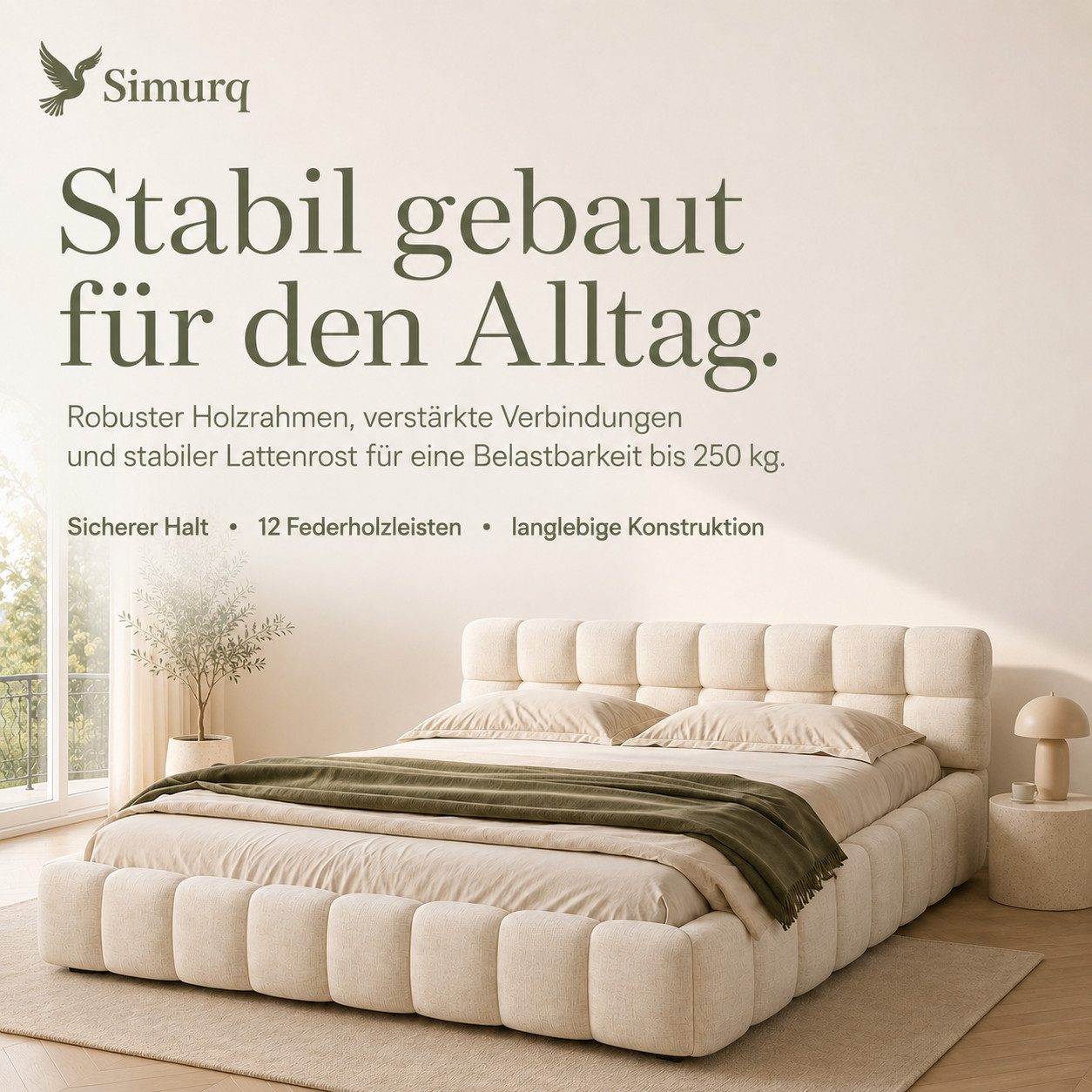 Simurq Polsterbett Doppelbett 140x200 aus Leinen mit Lattenrost (Bettgestell mit Lattenrost, 2 Pakete, Werkzeug inklusive), Leinenbezug, 250 kg Tragkraft