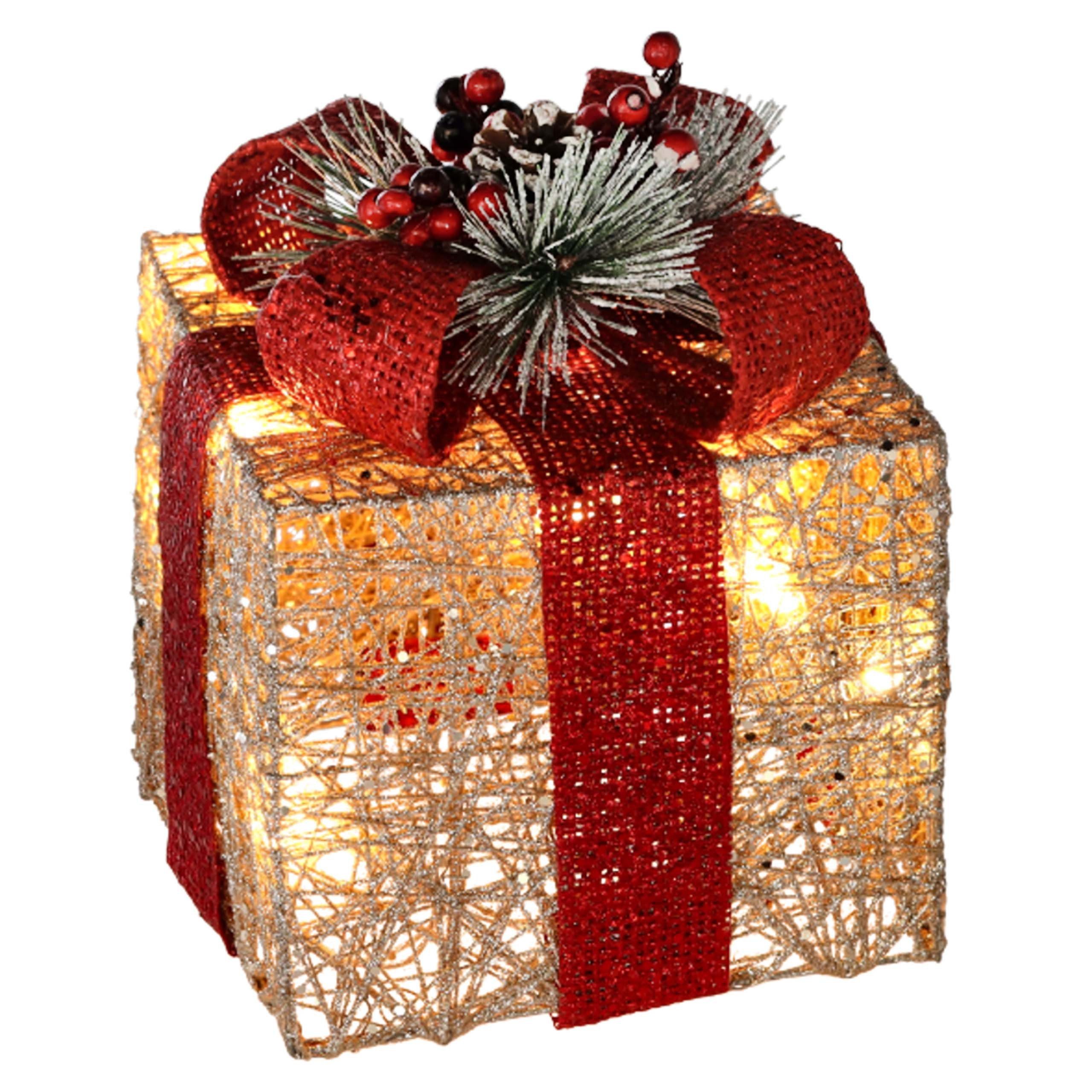 Sarcia.eu Weihnachtsfigur Goldenes Geschenk mit LED-Schleife, Weihnachtsdekoration 15 cm