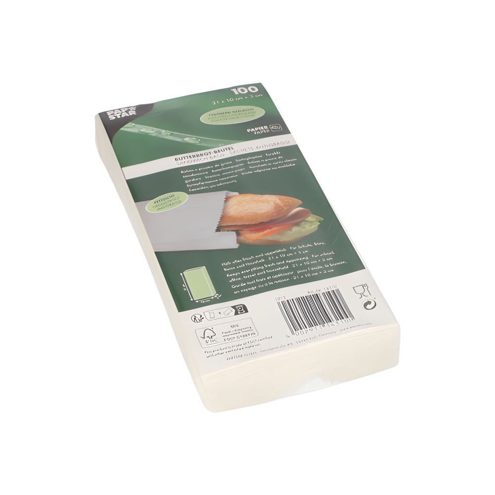 PAPSTAR Einweggeschirr-Set Butterbrotbeutel 21 cm x 10 cm x 3 cm weiss fettdicht 100 Stk, Pergamentersatzpapier