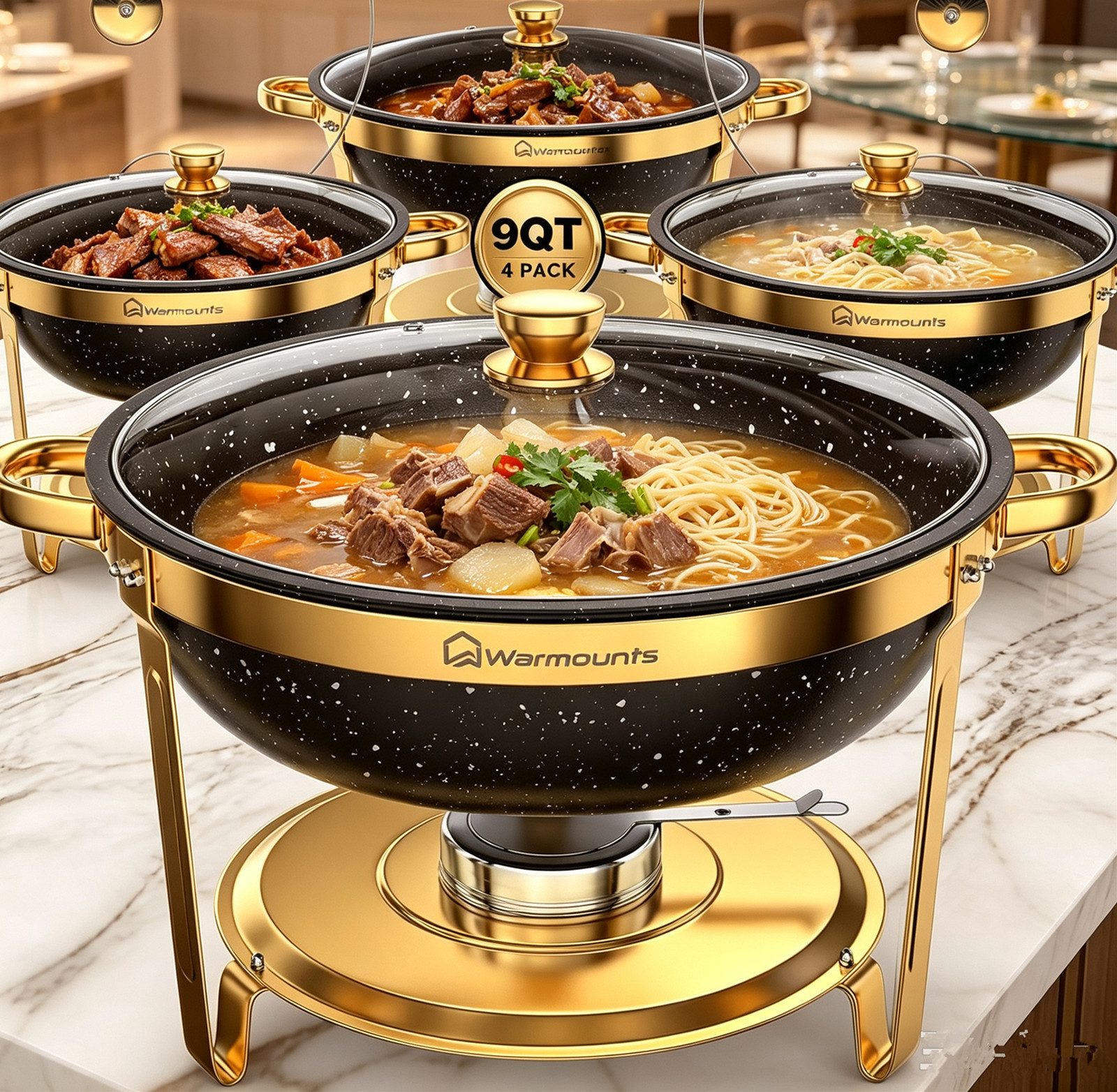 Warmounts Speisenwärmer 8,5L Elegant Chafing Dish Speisenwärmer Set Rund Schwarz+Gold, (4-tlg., Buffet Warmhalter-Set Maifanite-Beschichtung), für Hochzeit, Party, Catering