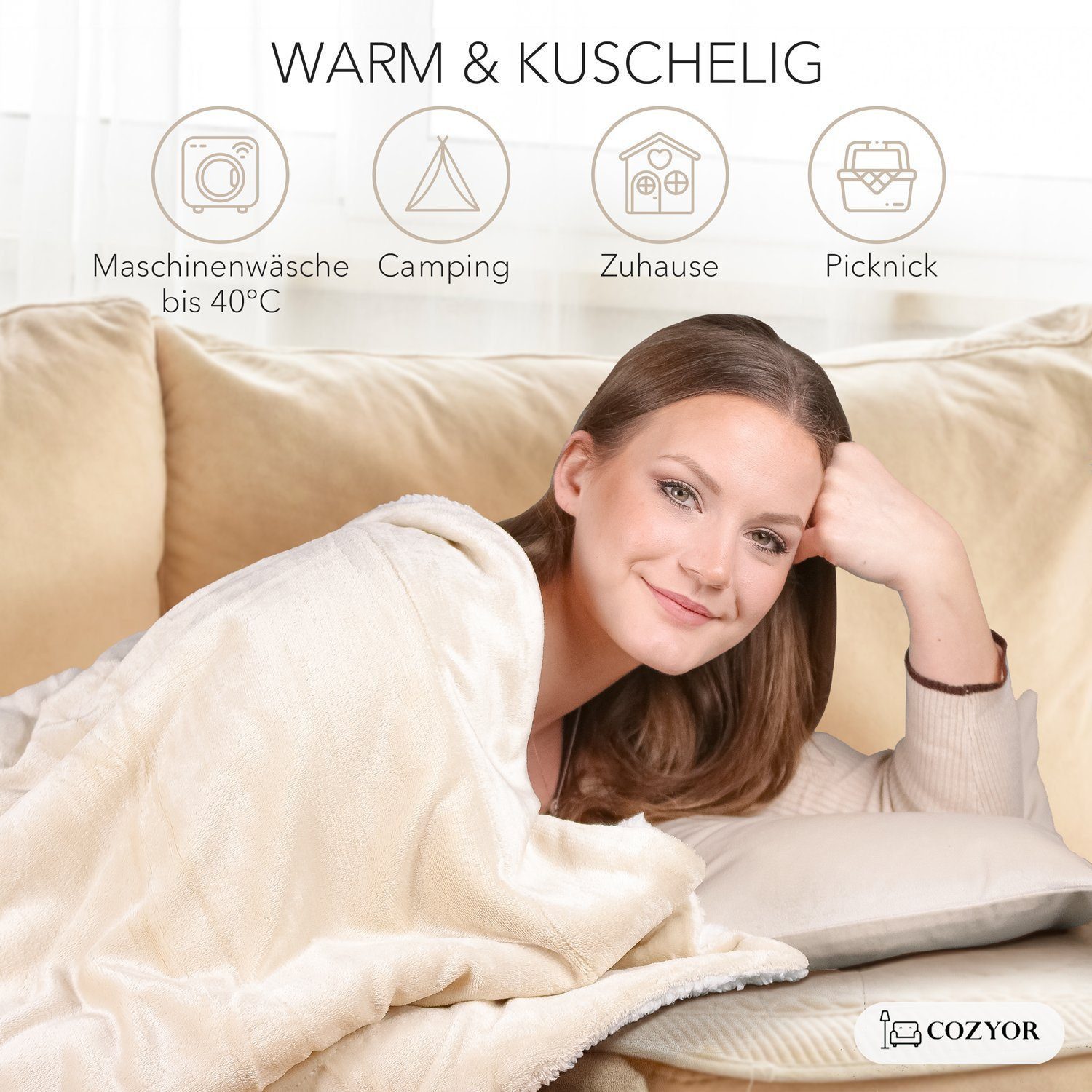 Wohndecke Kuscheldecke XL warm Sherpa, dicke Sofadecke, hochwertige Tagesdecke, Cozyor