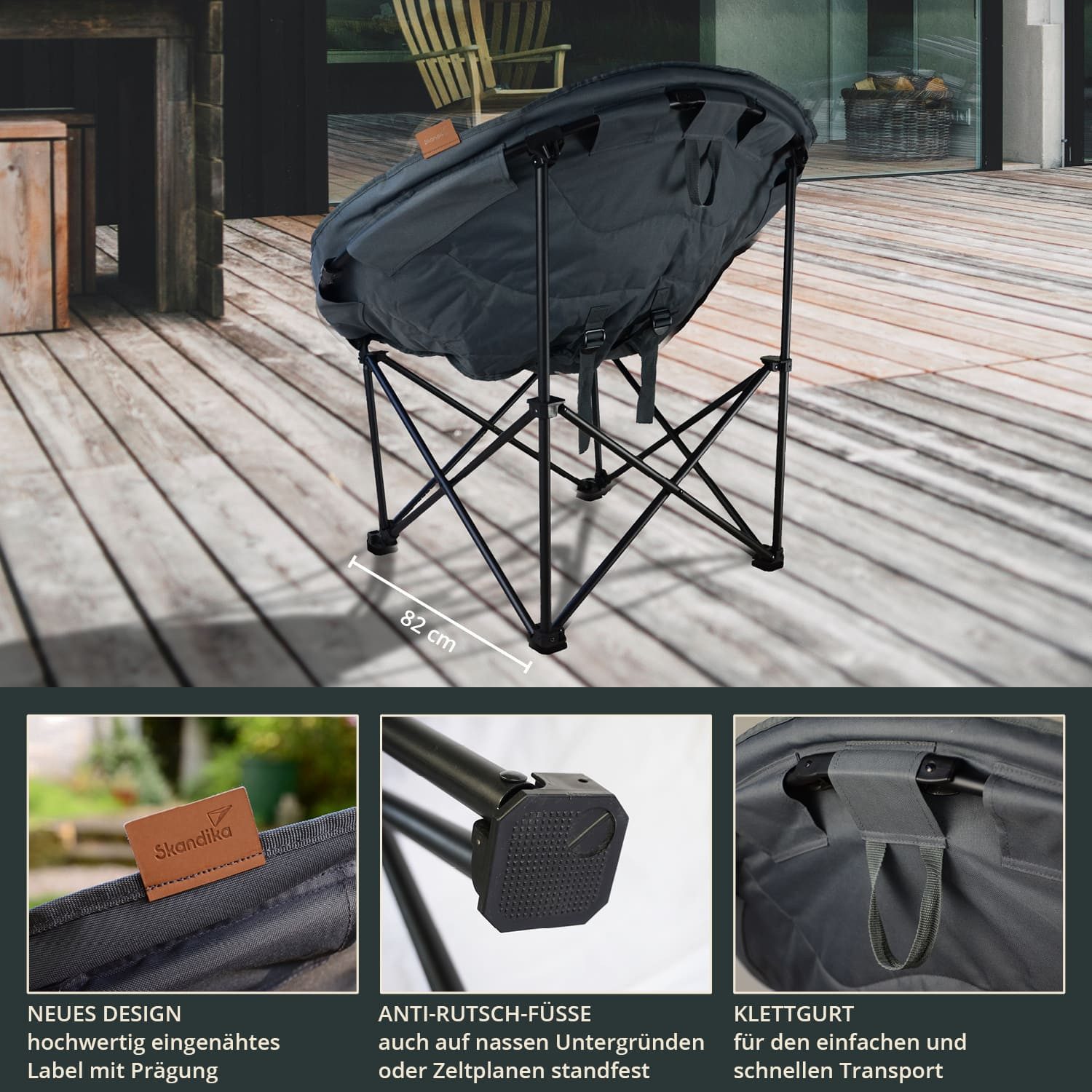 Skandika Campingstuhl Moonchair Deluxe XXL, Großer, bequemer Mondsessel, Gartenstuhl (Benutzergewicht max. 150 kg), gepolstert, klappbar, Tragegriff, Tragetasche, rund, Anti-Rutsch-Füße