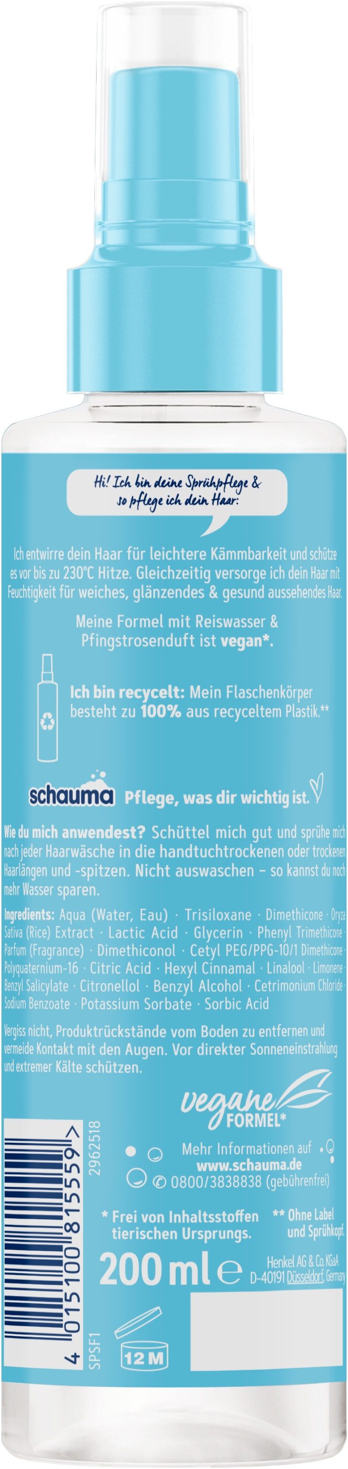 Schauma Haarspülung Sprühpflege Feuchtigkeit & Glanz 200ml, Sprühpflege, Sprühspülung, Hitzeschutz, Vegan