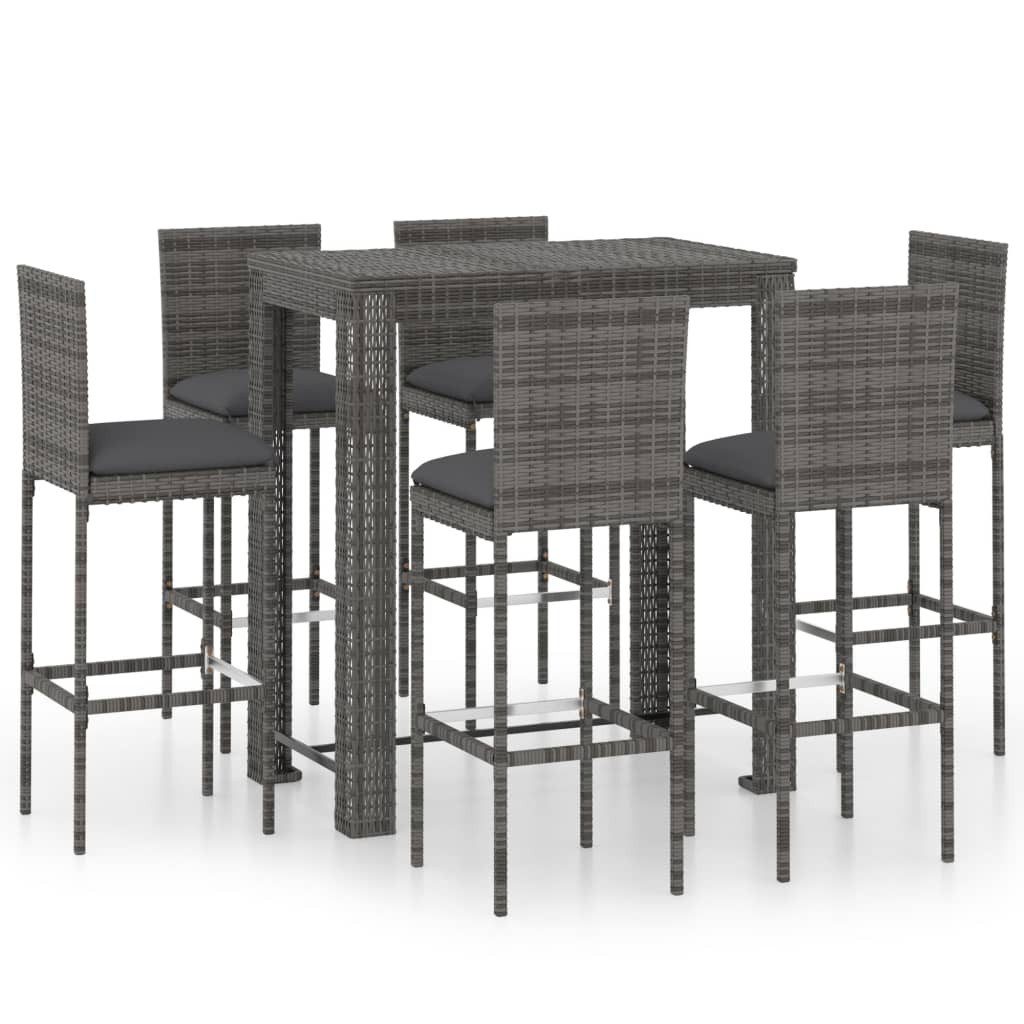 vidaXL Gartenlounge-Set 7-tlg. Gartenbar-Set mit Kissen Poly Rattan Grau, (6-tlg)