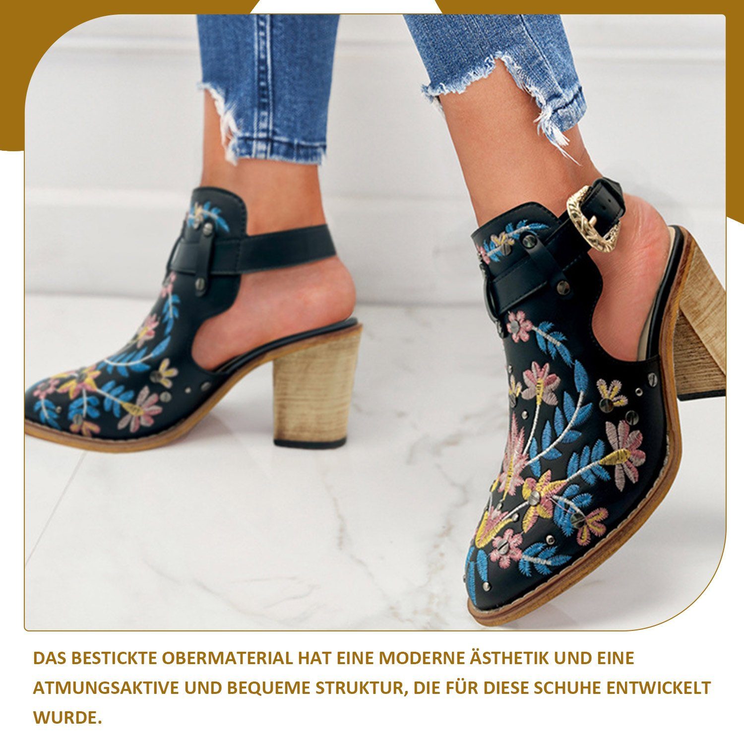 Daisred Vintage Bestickte Sandalette Retro Nieten-Sandalen Schwarz Absätze