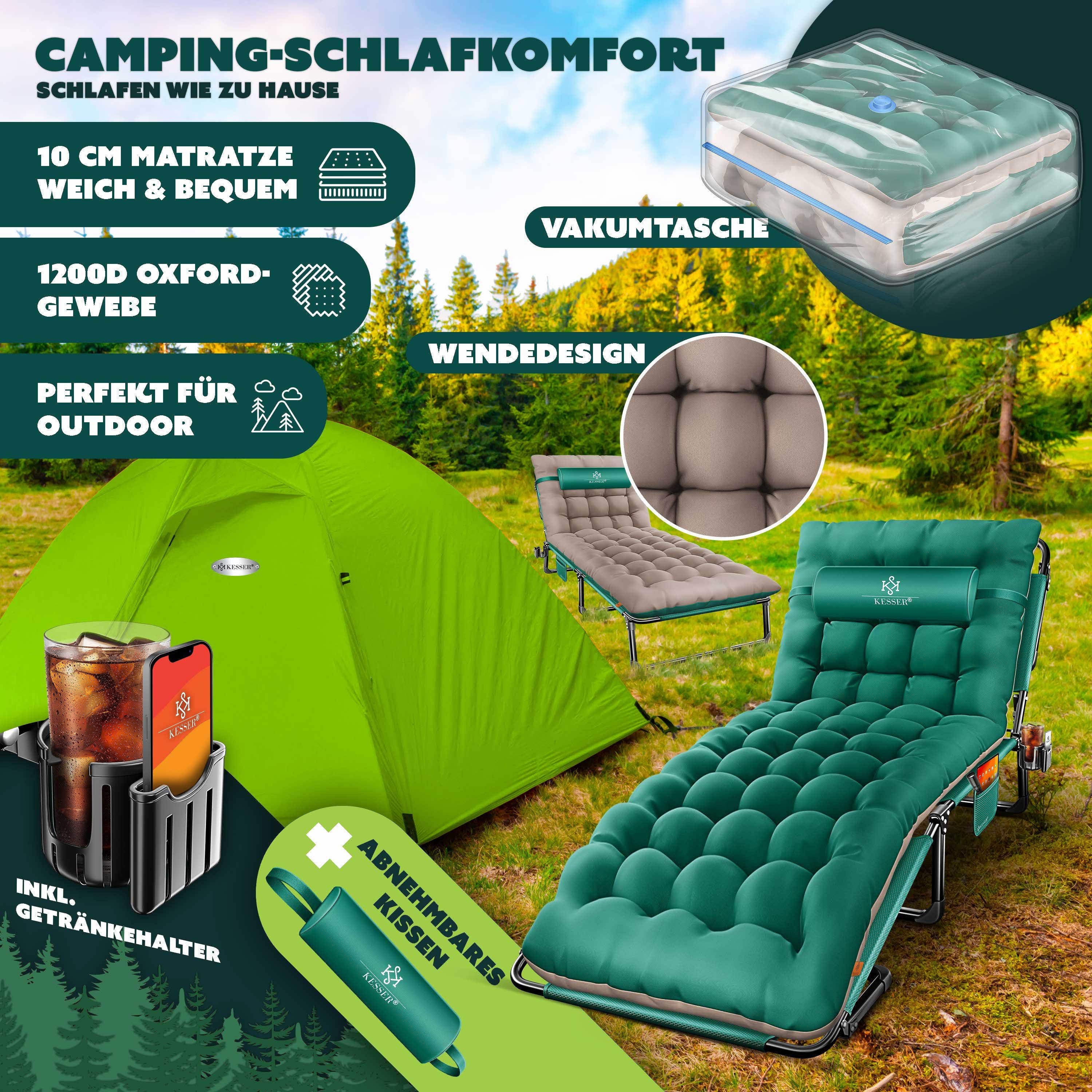 KESSER Campingliege Campingbett Campingliege Angelliege Karpfenliege klappbar (mit Tragetasche, Getränkehalter & Nackenkissen bis 250 kg belastbar) 190 x 68 x 30 cm strapazierfähiges Oxford-Gewebe stabiles Stahlgerüst