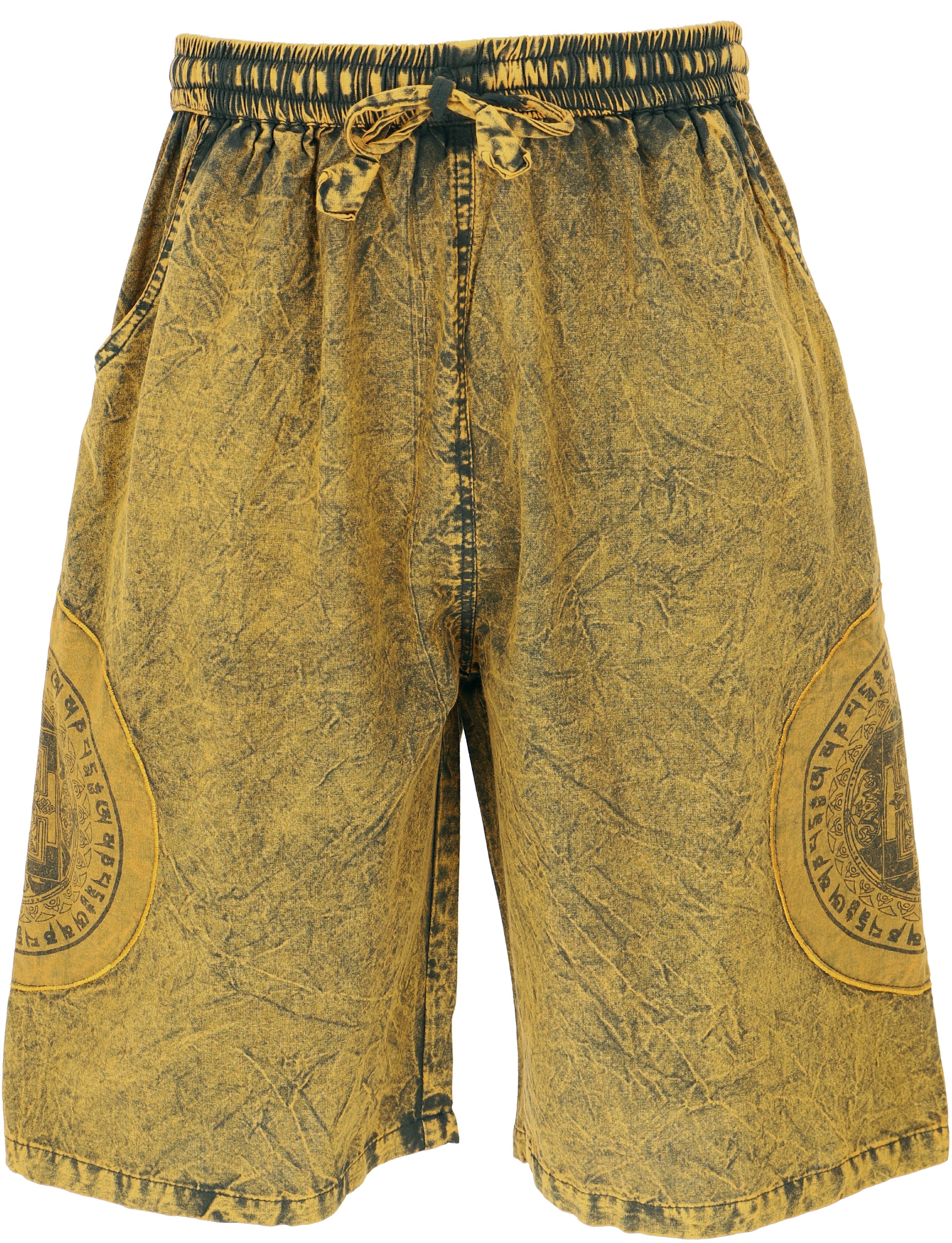 Guru-Shop Relaxhose Hippie, Ethno Style, Shorts.. gelb Stonwasch Bekleidung Yogashorts, Patchwork Ethno alternative