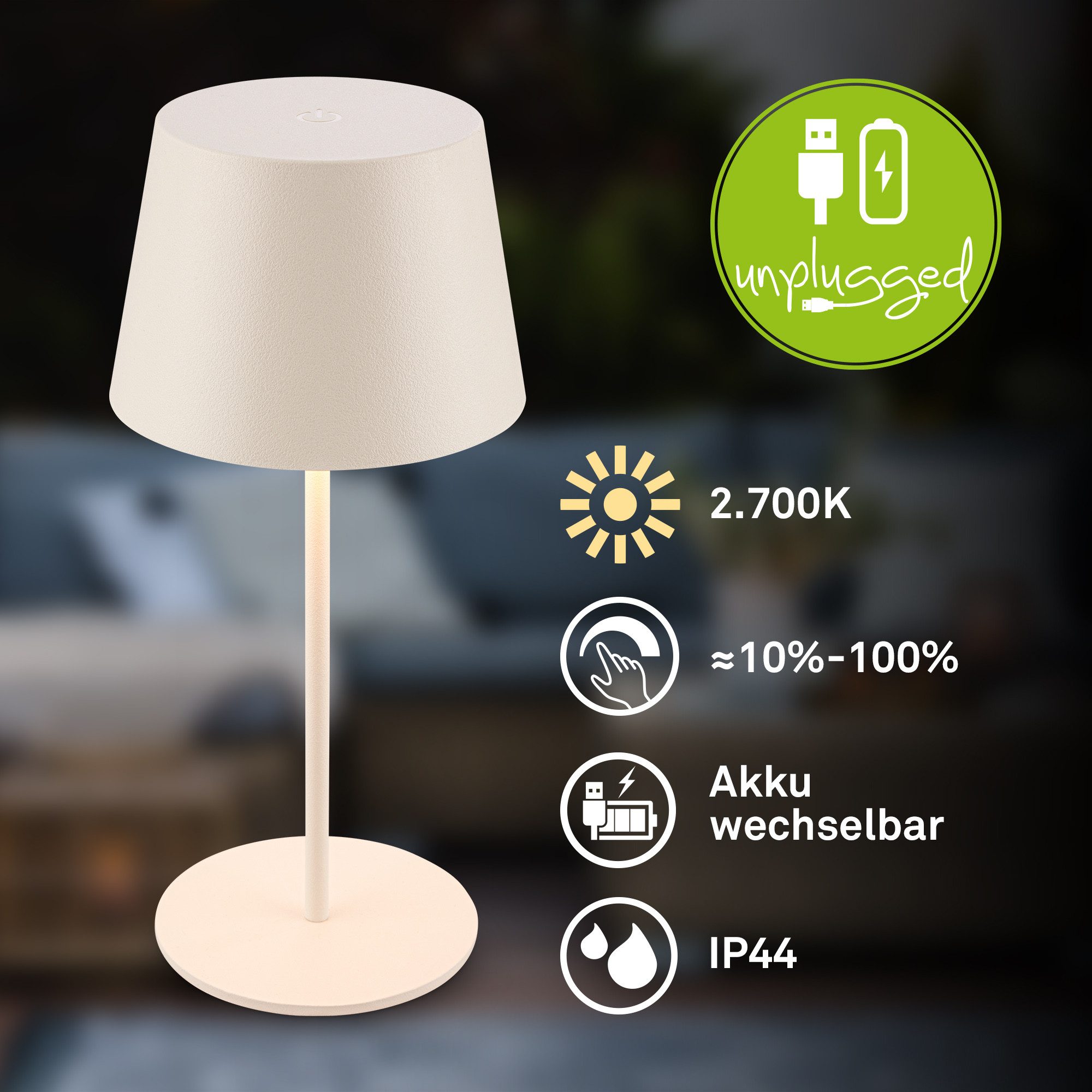 Briloner Leuchten Tischleuchte LED Tischlampe kabellos akku dimmbar In-/Outdoor Wohnzimmer, Einzelpack, LED fest integriert, 3.000K - Warmweiß, mit Akku, In-/Outdoor, USB-C, warmweiß, IP44, weiß, 35 cm