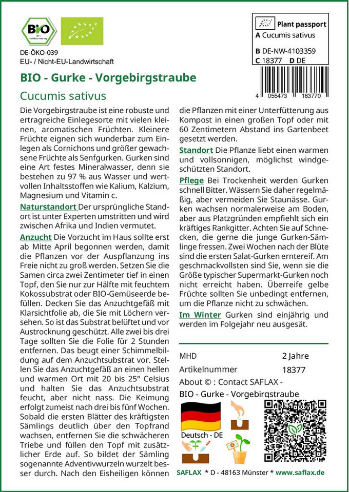 Thumbnail - SAFLAX Gemüsesamen SAFLAX - Samen - BIO - Gurke - Vorgebirgstraube