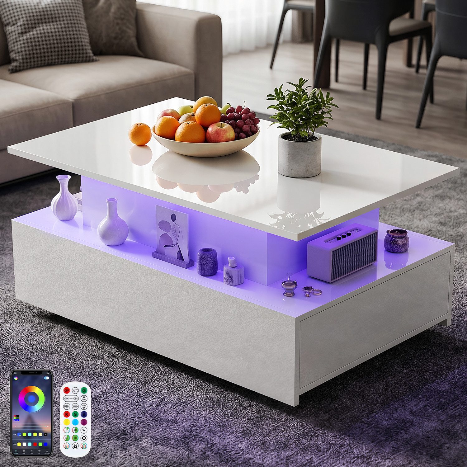 oyajia Couchtisch Hochglanz Wohnzimmertisch Mit LED Beleuchtung, Höhenverstellbarer (Bluetooth-Fernbedienung.App-Steuerung, offenen …