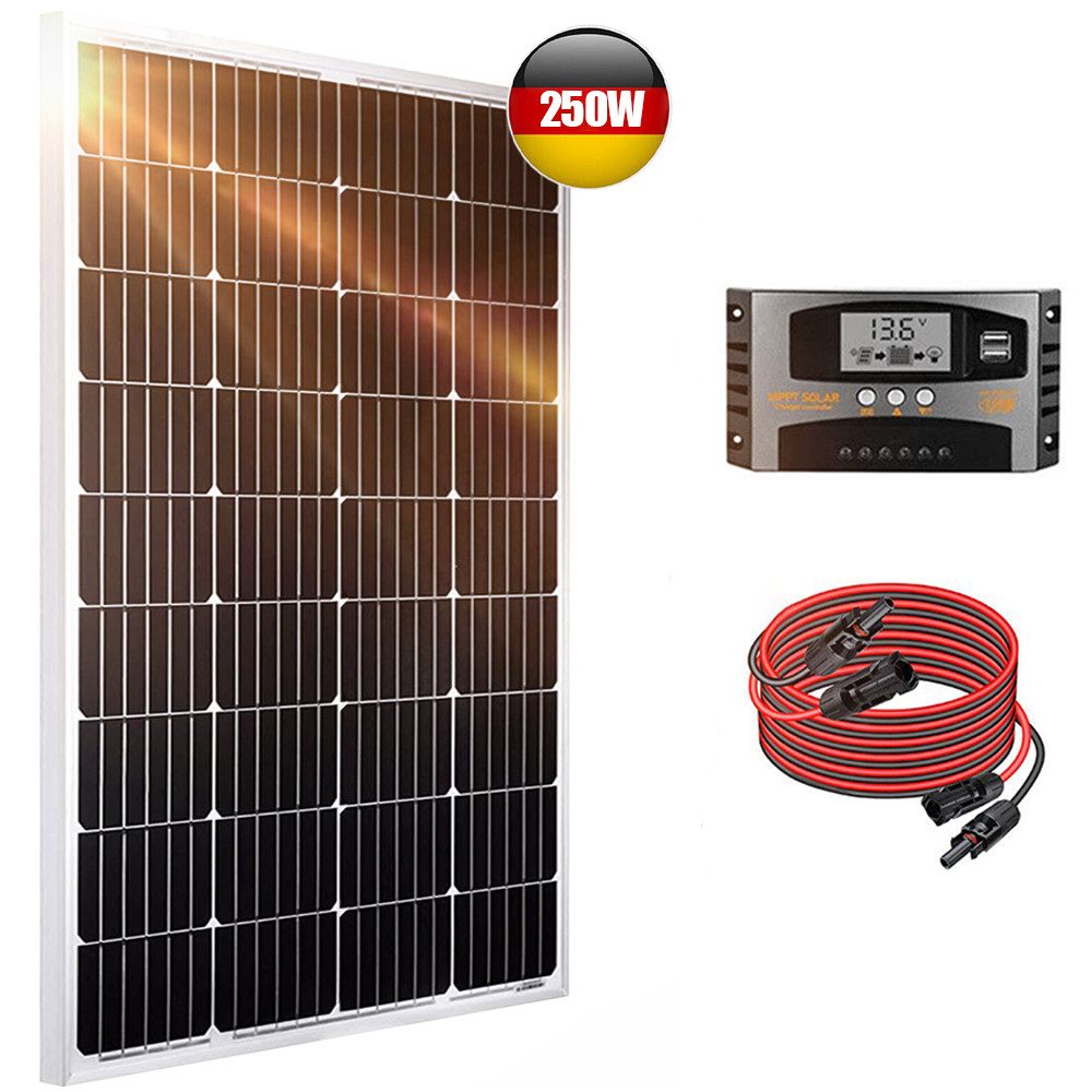 Rhein Beleuchtung Solarmodul 250W 12V Solaranlage Komplettset mit Solarpanel - Monokristallin, 250 W, Monokristalli, (Set, 1-St., Solarmodule für Garten/Haus/Camping - Einfache Montage), IP65 + MPPT Regler - Ideal für Wohnmobil Komplettset