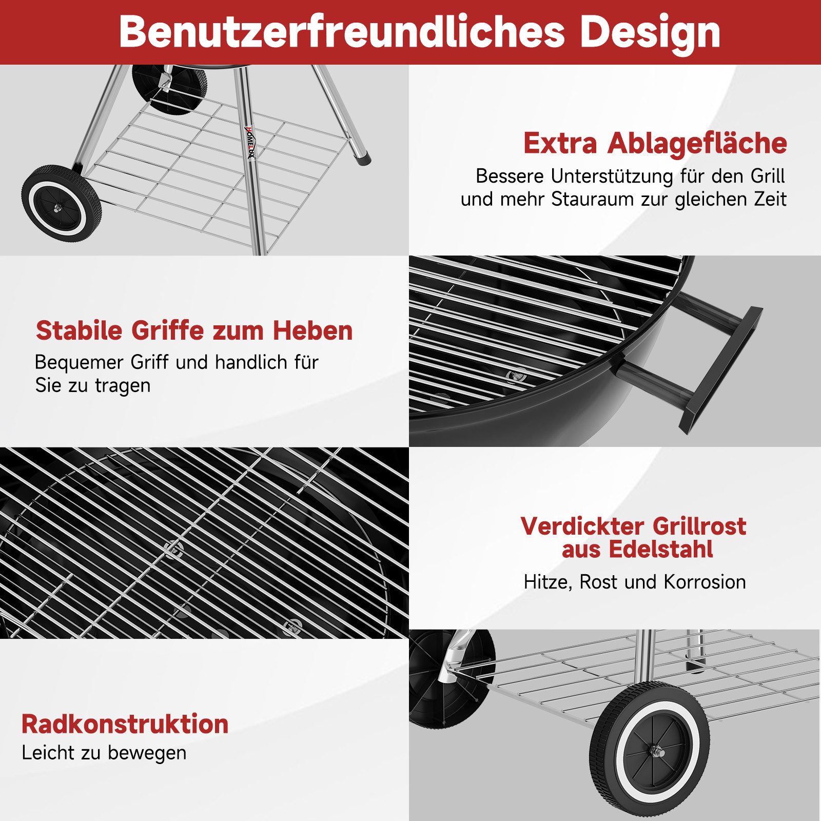 HOMELUX Holzkohlegrill Kugelgrill Ø34/44cm Grillfäche Campinggrill mit Luftventilen & Deckel, Verbrühungsschutz-Grif, Robust & langlebig, Grillwagen mit Ablage & Räder