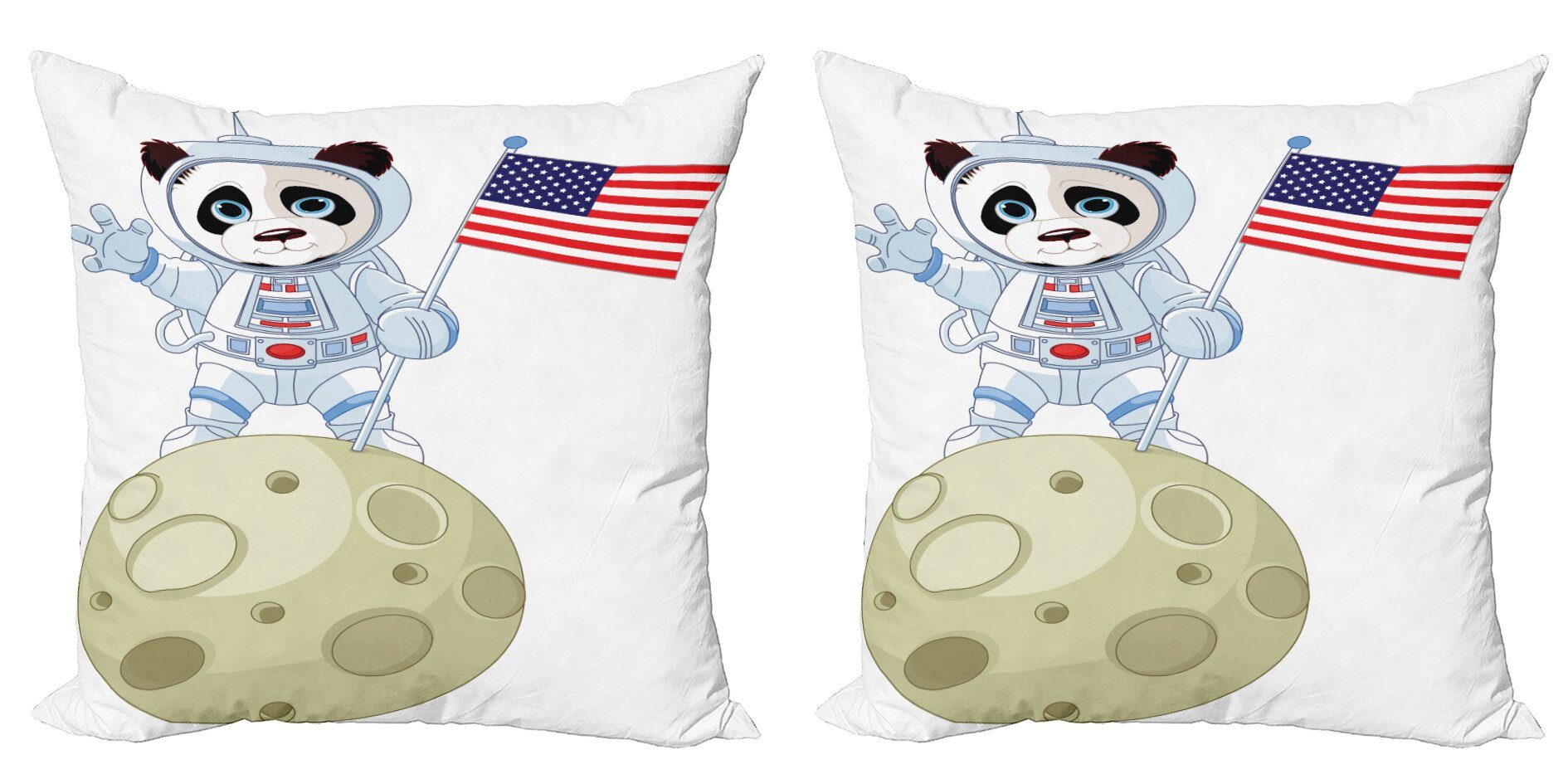 Kissenbezüge Modern Accent Doppelseitiger Digitaldruck, Abakuhaus (2 Stück), Panda Astronaut auf Mond-Karikatur