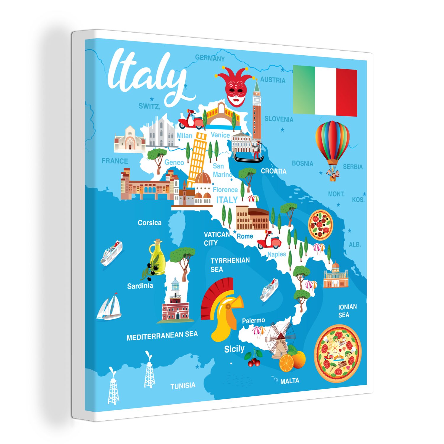 OneMillionCanvasses® Leinwandbild Karte - Italien - Illustration, (1 St), Wandbild, Deko Schlafzimmer Wohnzimmer Flur 20x20 cm