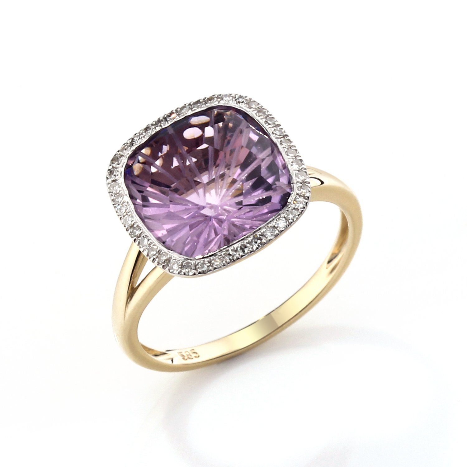 Stella-Jewellery Solitärring 585er Gold Ring Amethyst 4,78ct. u. Brill. 0,11ct. (inkl. Etui, synth. Smaragd ca. 1,34 ct. - inkl. Etui), Amethyst 4,78 ct. und Brillanten 0,11 ct.