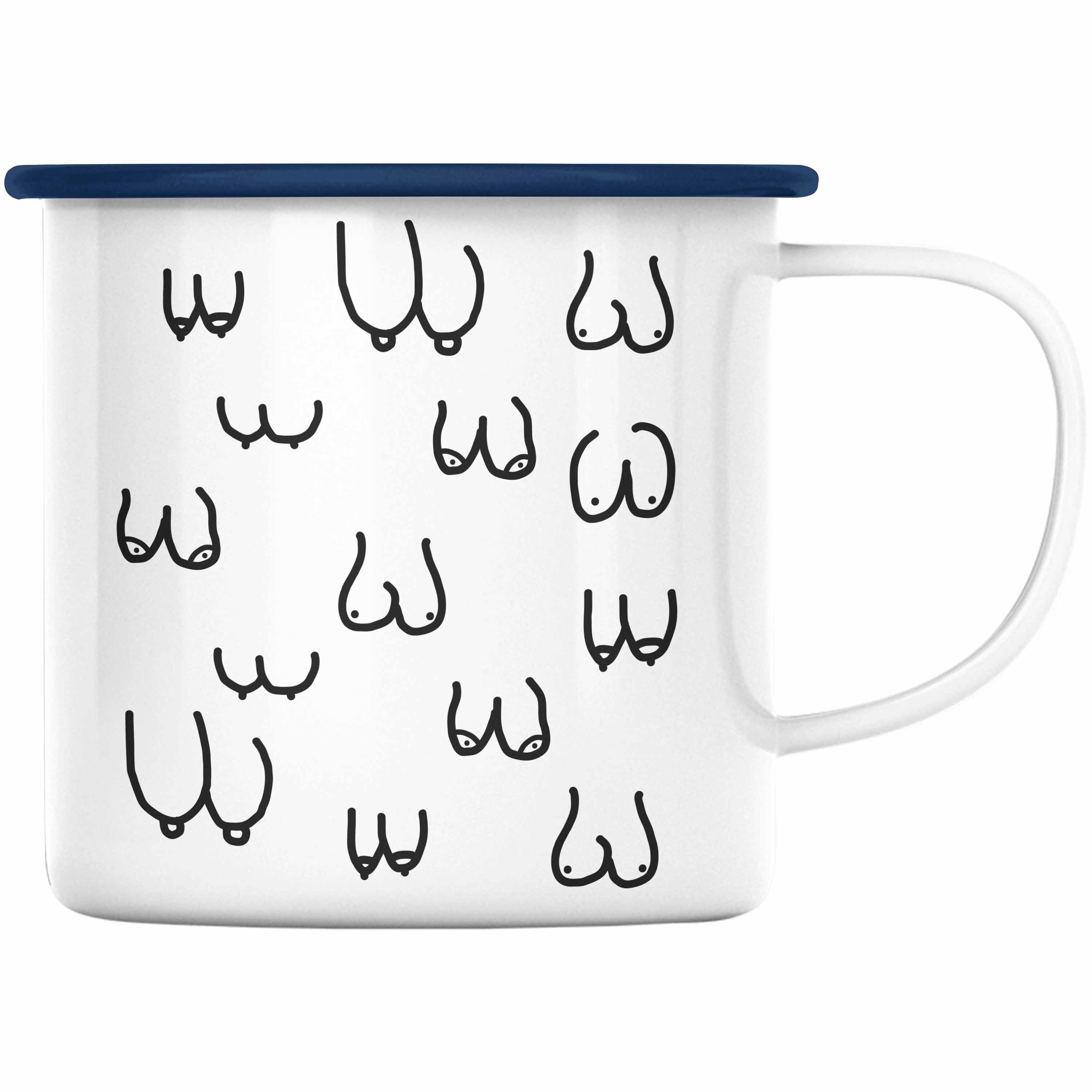 Trendation Thermotasse Trendation - Lustige Emaille Tasse mit Busen / Brüsten für Erwachsene als 18+ Geschenkidee Lustige Feminismus KaffeeEmaille Tasse Blau