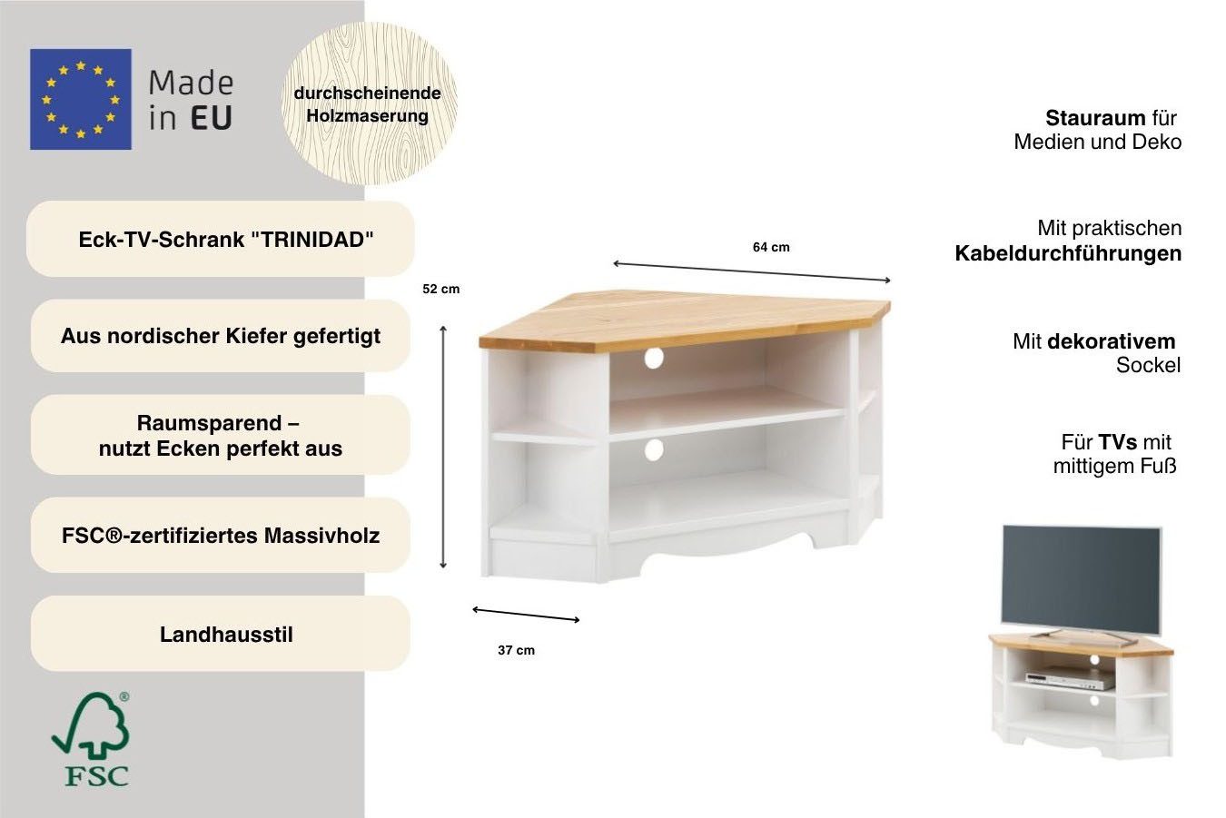 OTTO home Lowboard Trinidad, TV-Schrank, Eck-TV -Schrank, Kommode, Breite 105 cm, FSC® zertifiziertes Massivholz