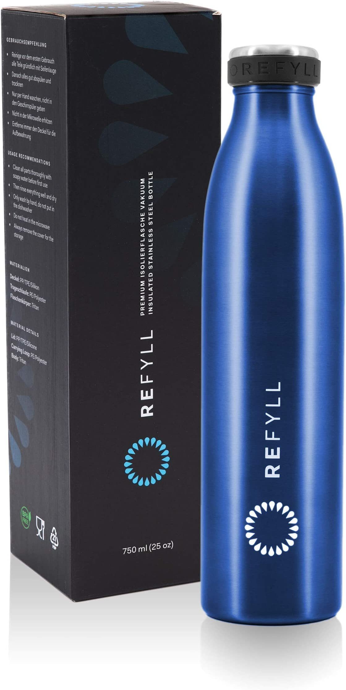 REFYLL Thermoflasche Trinkflasche "dailyFYLL" - 500ml, 750ml, 1l - Auslaufsicher & isoliert, Thermosflasche mit doppelwandiger Vakuum Isolierung Blau