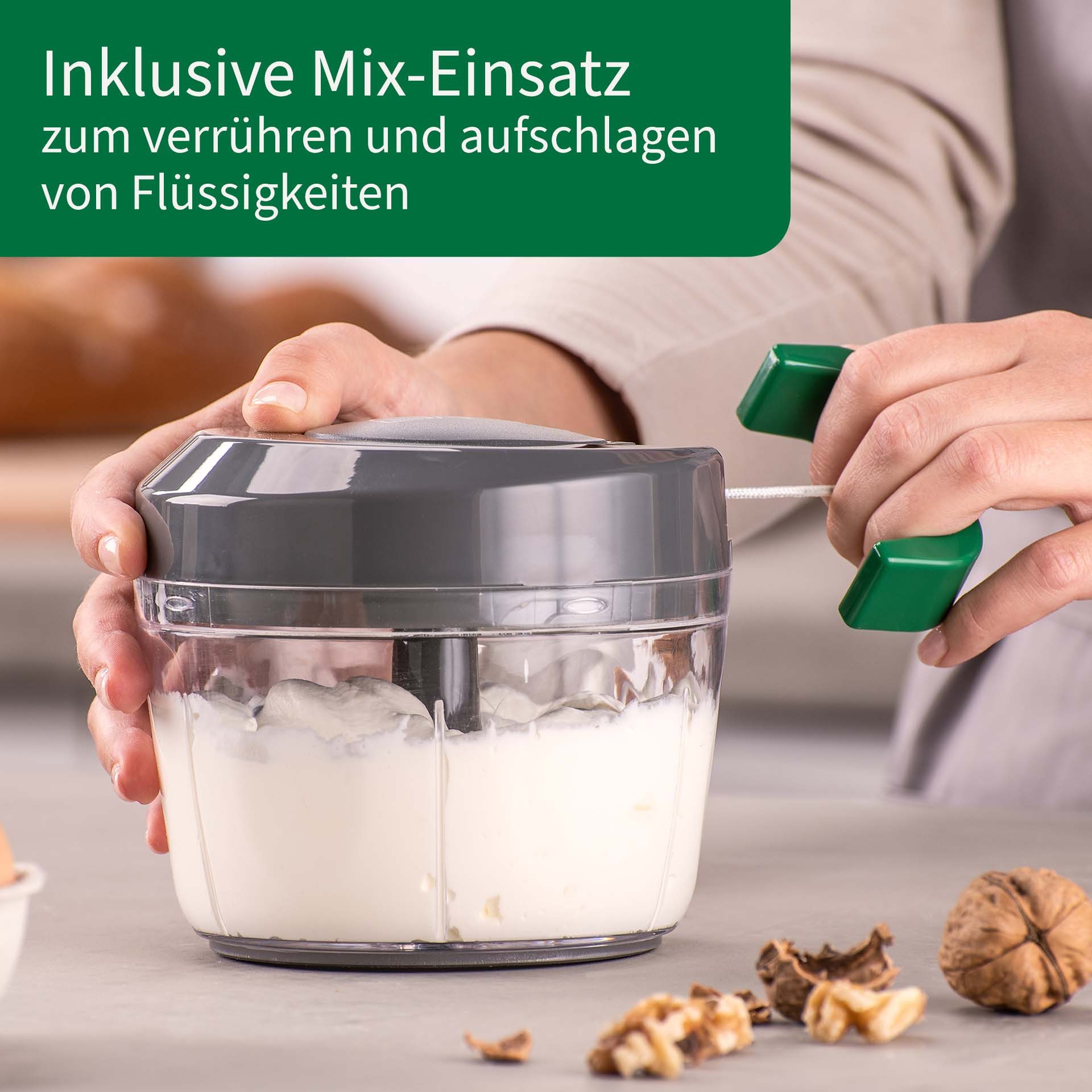 Chefkoch trifft Fackelmann Zerkleinerer Multi-Zerkleinerer, 5-teilig – für Gemüse, Obst & Kräuter, inklusive Mix-Einsatz zum Verrühren und Aufschlagen von Flüssigkeiten