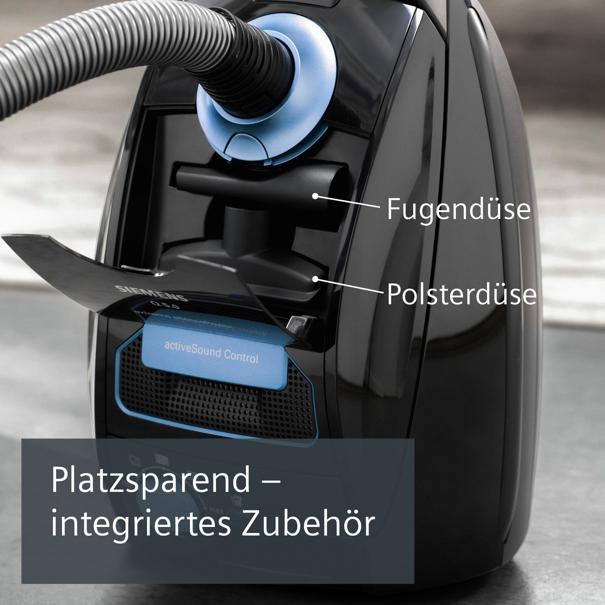 SIEMENS Bodenstaubsauger Q 5.0 extreme silencePower VSQ5X1230, Made in Germany, Hygiene-Filter, 850 W, mit Beutel, hohe Saugkraft, integriertes Zubehör, langes  – Bild 4 von 5