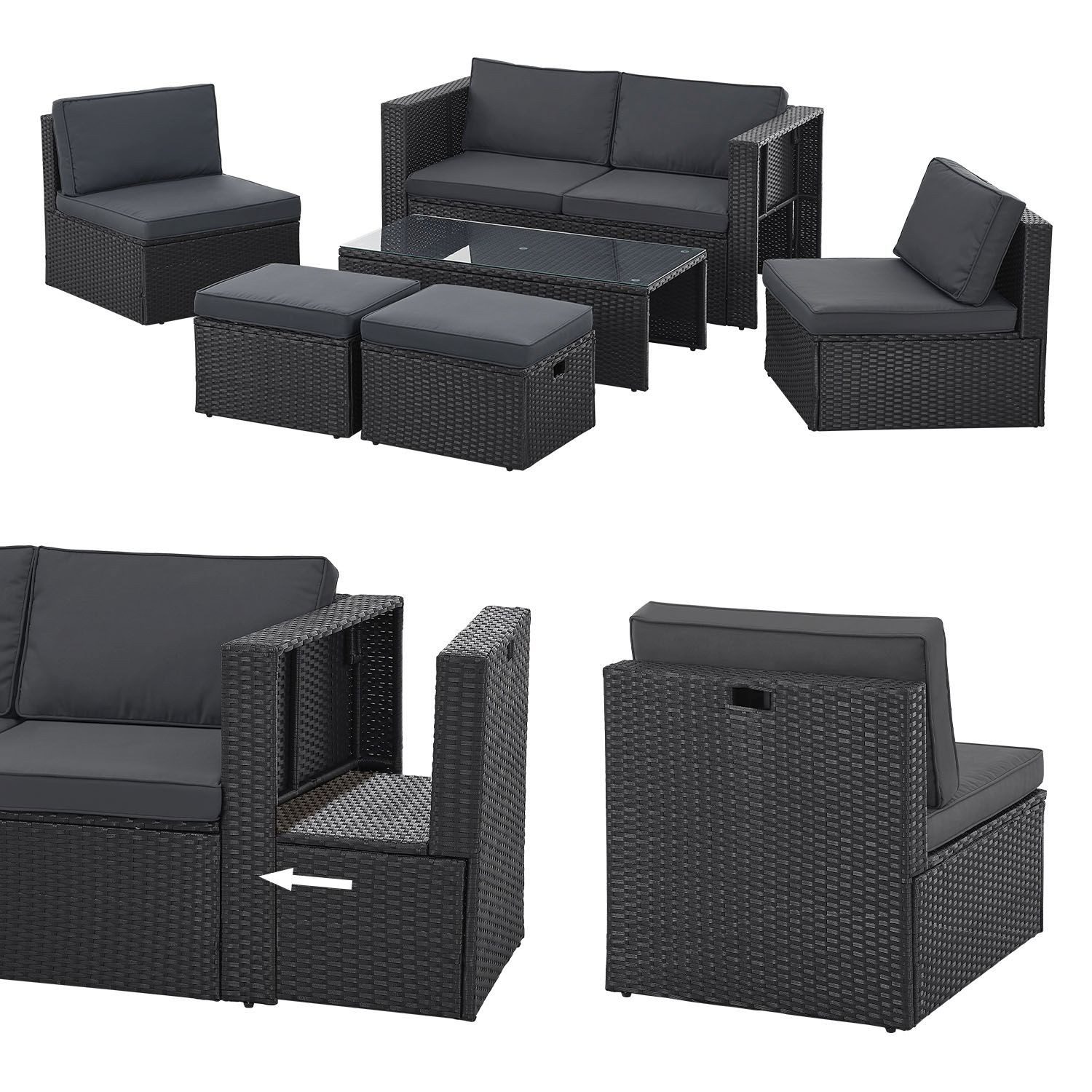 Juskys Gartenlounge-Set Salou, (6-tlg), für 6 Personen, Polyrattan, Glasplatte, wetterfest, mit Kissen