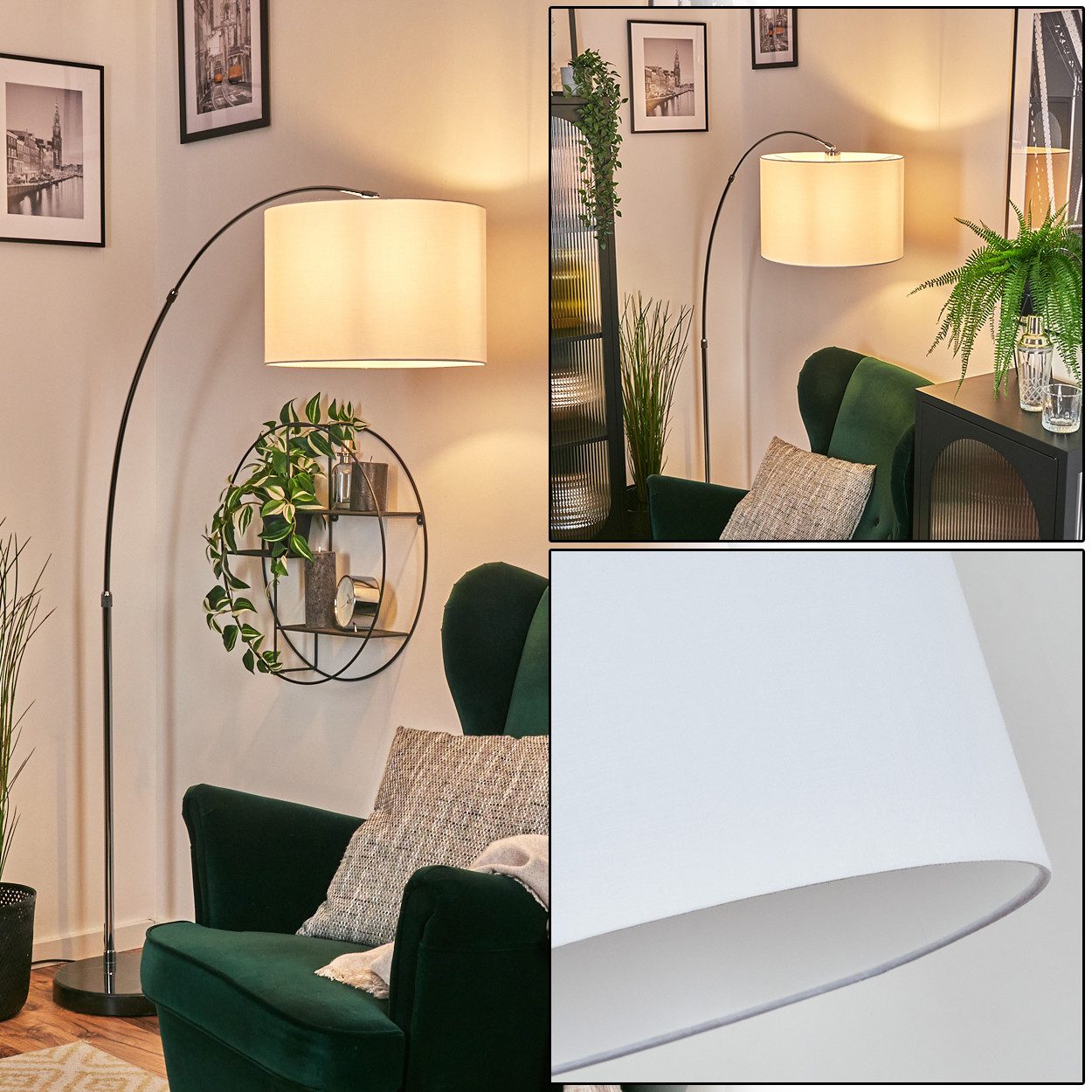 hofstein Bogenlampe Stehlampe aus Metall/Stoff in Schwarz/Chromfarben/Weiß, Stehleuchte mit Marmorfuß, modernes Design (40 cm), Fußschalter, E27