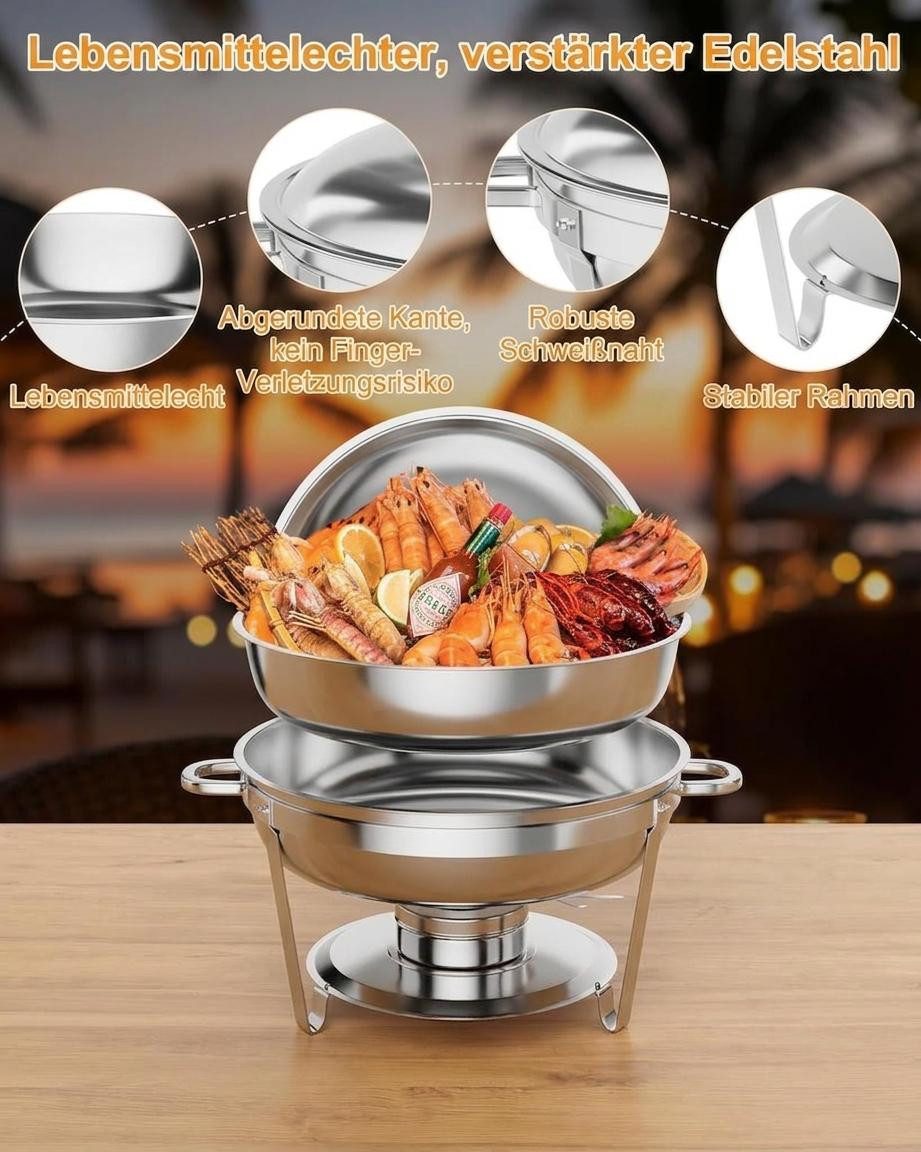 GarveeMore Speisenwärmer 5L runde Edelstahl-Chafing-Dishes und Warmhaltebehälter, (Set, 4-tlg), mit Deckel,Deckelhalter,Löffel,Pinzette für Catering,Partys,Aben – Bild 5 von 5