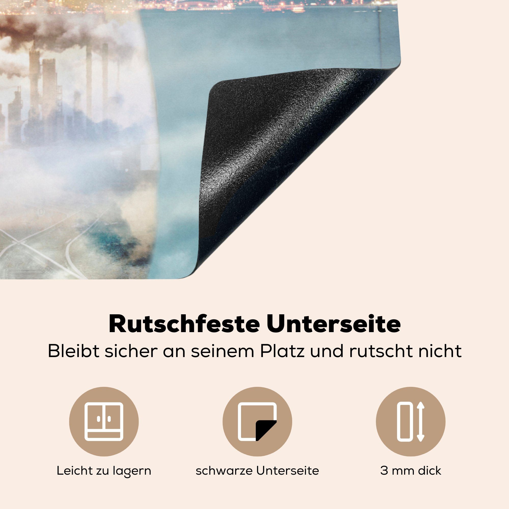 küche, Ceranfeldabdeckung die für Induktionskochfeld Mehrfachbelichtung eines 81x52 MuchoWow Geschäftsmannes Skyline, tlg), Schutz einer cm, (1 Herdblende-/Abdeckplatte Vinyl, und