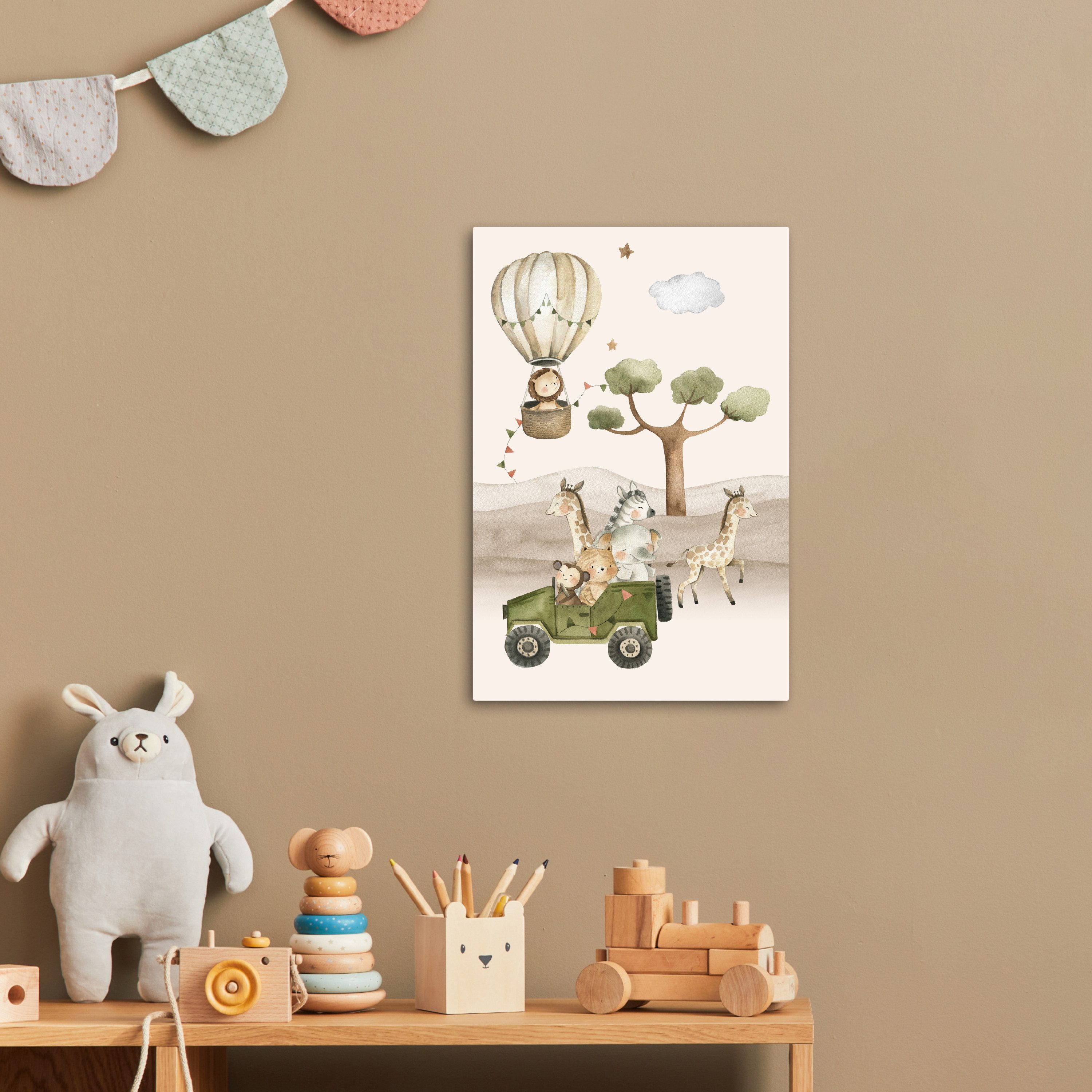 OneMillionCanvasses® Leinwandbild Wilde Tiere - Safari - Aquarell - Heißluftballon, Fotodruck (1 St), Kinderzimmer Deko, Mädchen und Jungen Bilder 20x30 cm