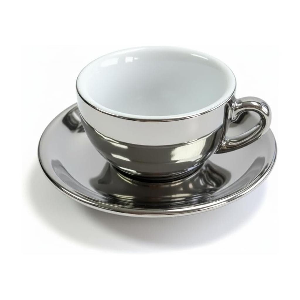 MUVELL Cappuccinotasse 6er Cappuccino-Set "BARI" Tasse 200ml + Untertasse, chrome, 6-tlg., Keramik, 200 ml Silber - Chrome mit weißen Rand und Innenfläche