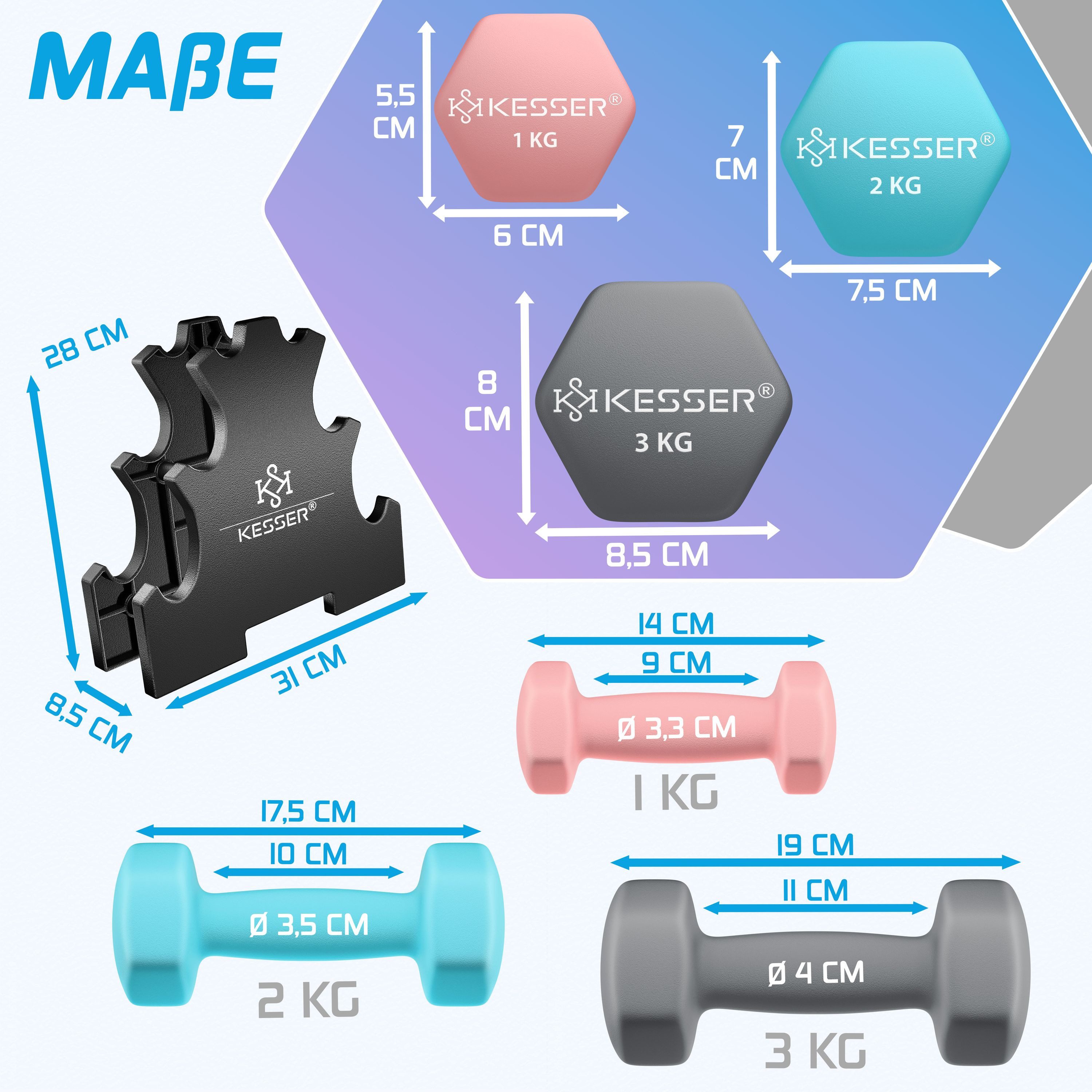 KESSER Hantel-Set, (12 kg Set 2 x (1+2+3)kg), Kurzhantel Gymnastikhanteln mit Ständer Aufbewahrung