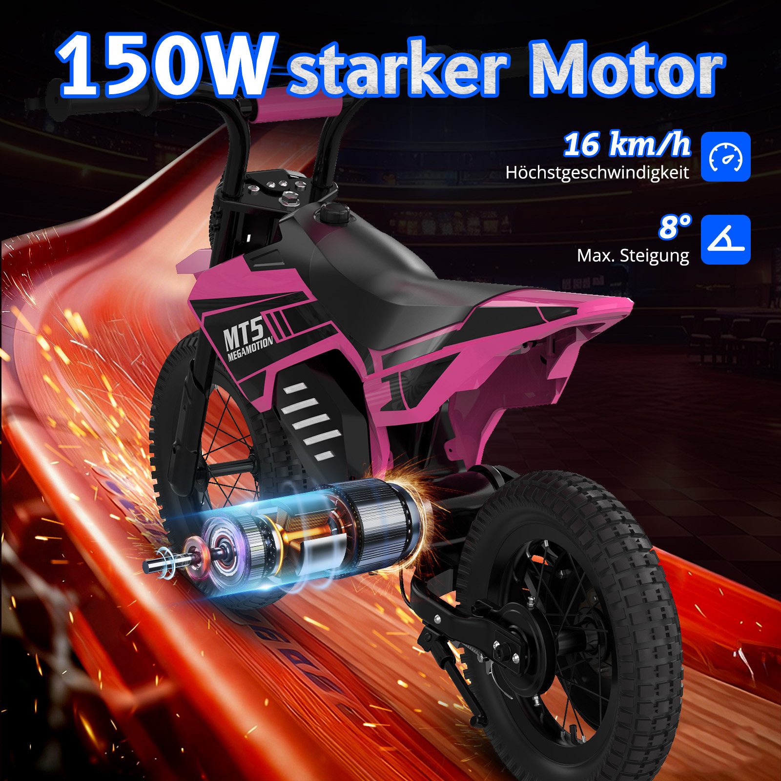 Mega Motion Elektro-Kindermotorrad MT5, 150W, 5,2AH, 8/16 km/h, 12 Zoll Luftreifen, Reichweite 10 km, Belastbarkeit 40 kg, Schnellladung 2–3 h, Elektromotorrad für ab 6 Jahren