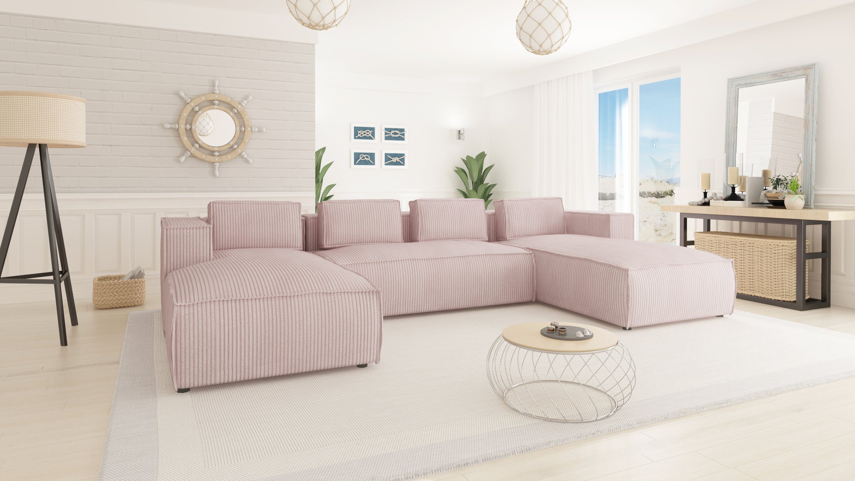 S-Style Möbel Wohnlandschaft Renne aus Cord mit weichem Sitz, Die Ottomane befindet sich auf zwei Seiten 3 Teile, mit Wellenfederung