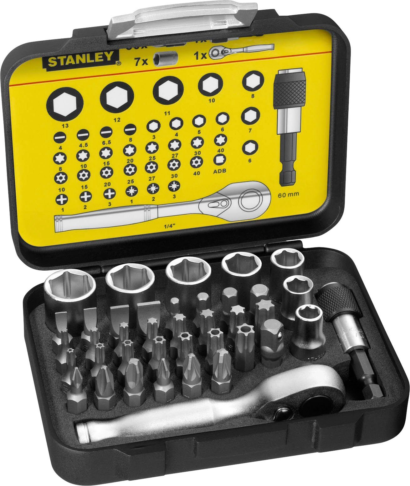 Fachgeschäft STANLEY Bit-Set, 39-St., mit 1/4", Mini-Umschaltknarre, magnetisch