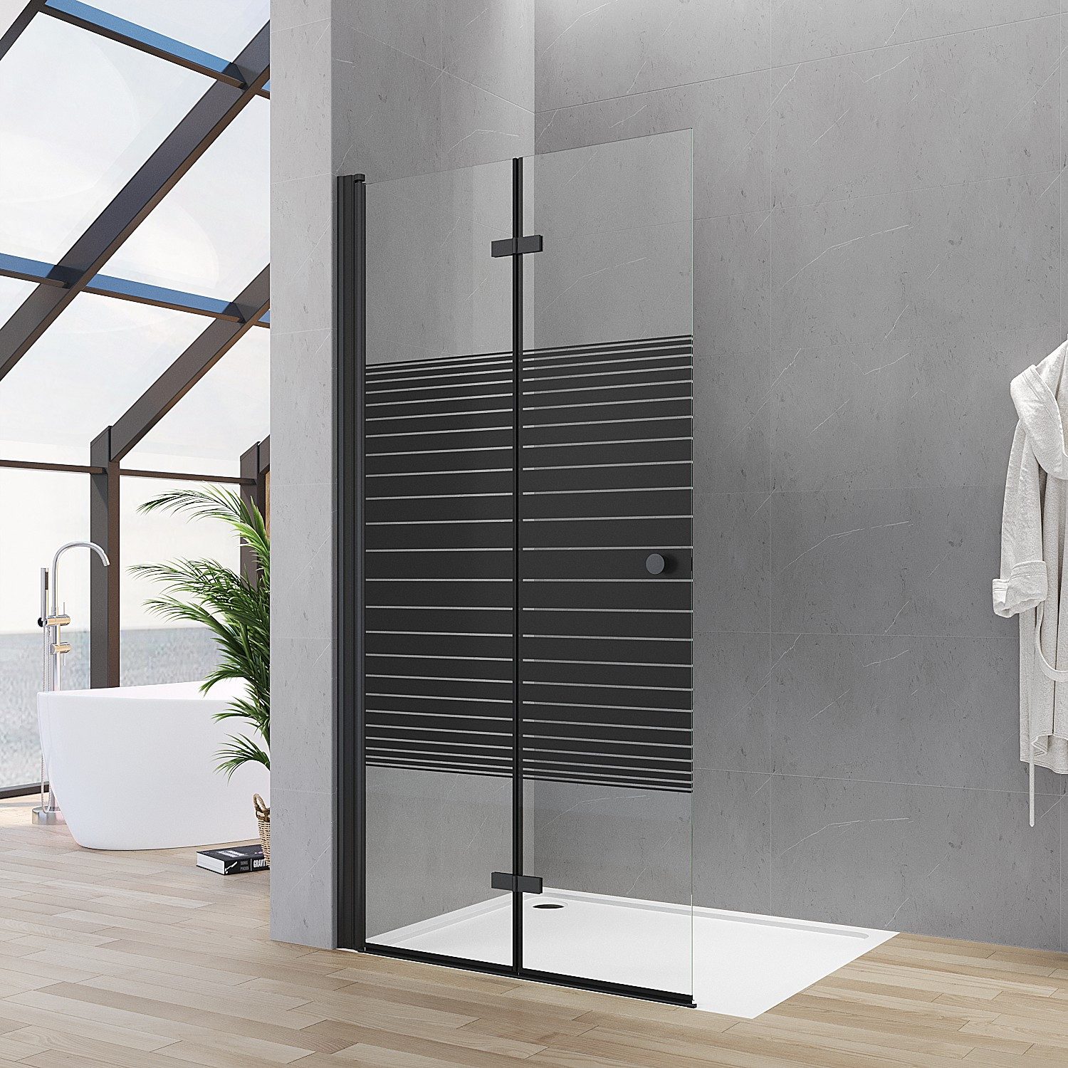 AQUALAVOS Walk-in-Dusche Duschwand mit klappbarem Faltelement aus 5mm ESG Schwarz Streifendekor, 5mm ESG, 15 mm Wandausgleich Heb-/Senk-Funktion Aluminiumrahmen Runder Griff