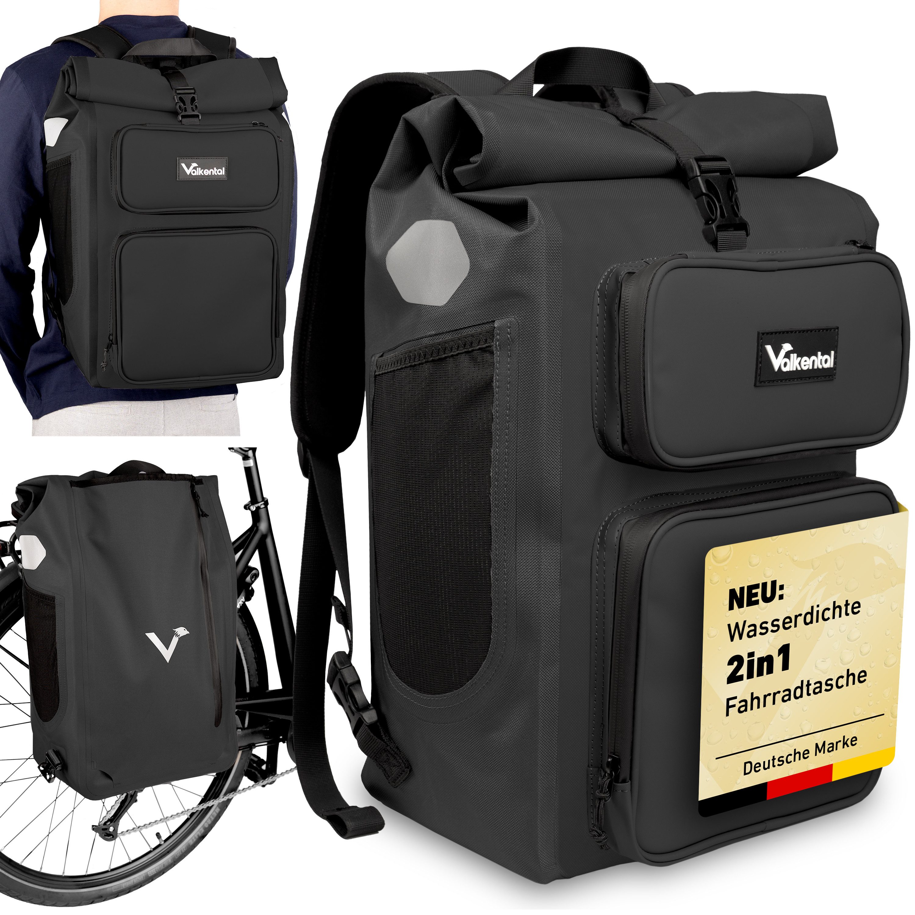 Valkental Gepäckträgertasche Gepäckträgertasche 2in1 Fahrradtasche mit Rucksackfunktion UrbanX (mit Rucksackfunktion und abschließbarer Halterung), 100 % wasserdicht & reflektierend, 28 L