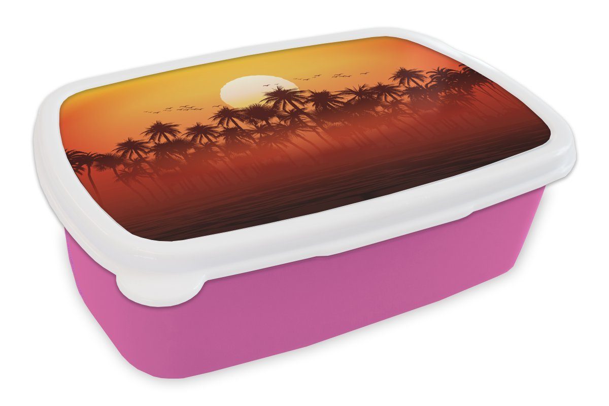 MuchoWow Lunchbox Palme - Sonne - Vogel, Kunststoff, (2-tlg), Brotbox für Erwachsene, Brotdose Kinder, Snackbox, Mädchen, Kunststoff rosa