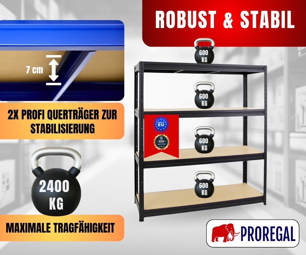 PROREGAL® Schwerlastregal Robustes Steckregal Lastenregal DINO mit 4 stabilen Fachböden, 4 Ebenen Steckmontage ohne Werkzeug hohe Belastbarkeit