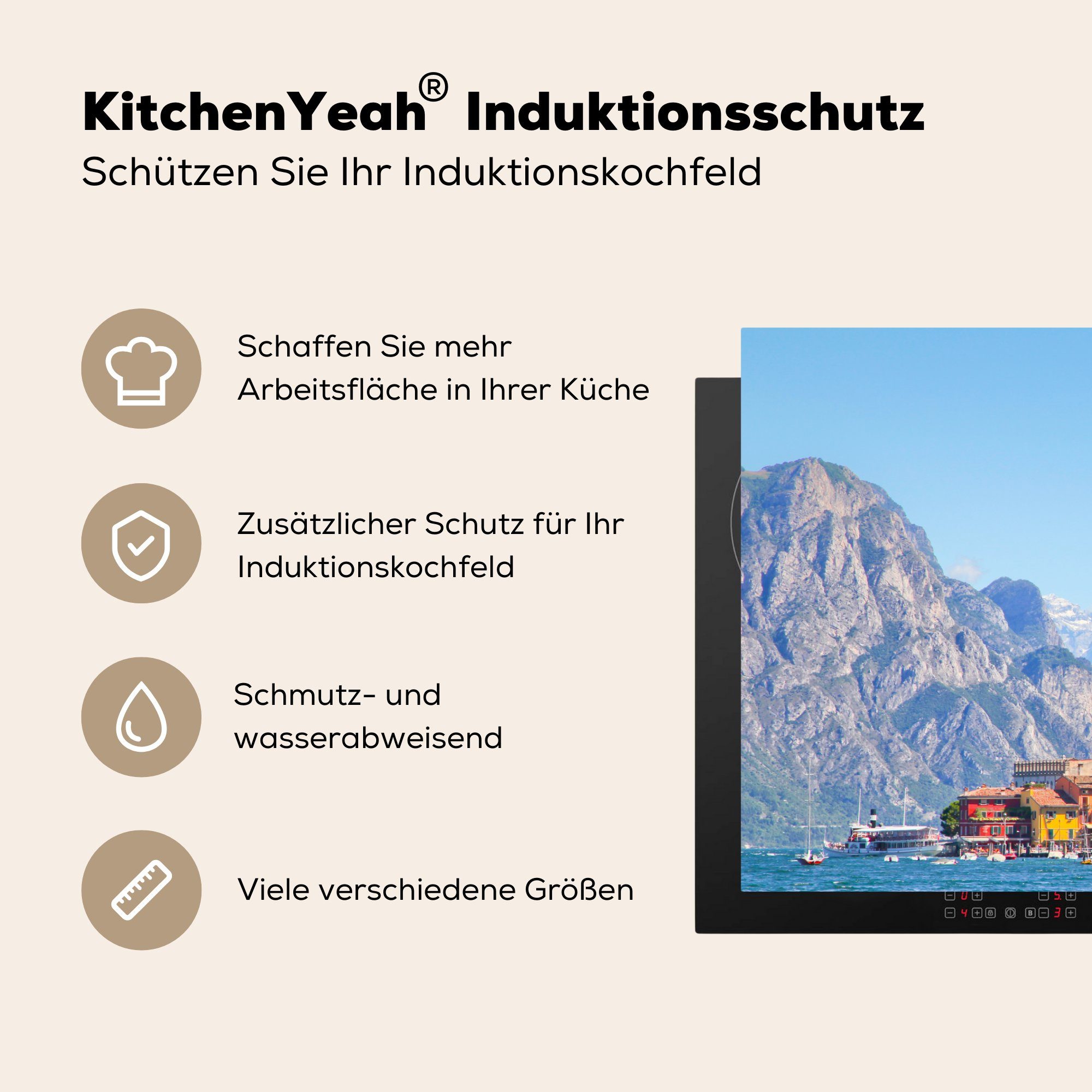 MuchoWow Herdblende-/Abdeckplatte Gardasee Vinyl, 81x52 Induktionskochfeld - (1 Stadt, - tlg), cm, Ceranfeldabdeckung Schutz küche, für die Berg