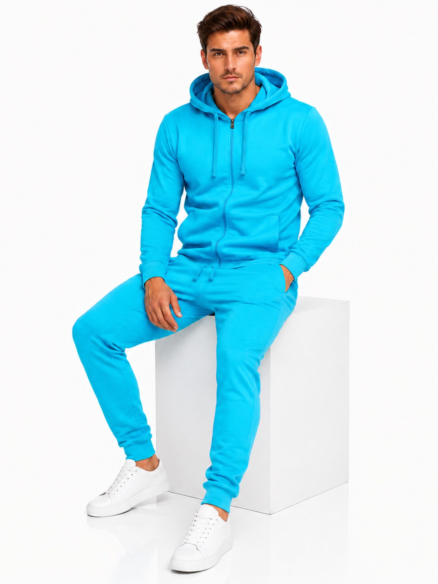 L.gonline Freizeitanzug Herren Jogginganzug einfarbig 100% BW 586 Türkis XL (Kapuzenjacke mit Reißverschluss, Hose, 2-tlg), Fitness Freizeit Casual – Bild 3 von 5