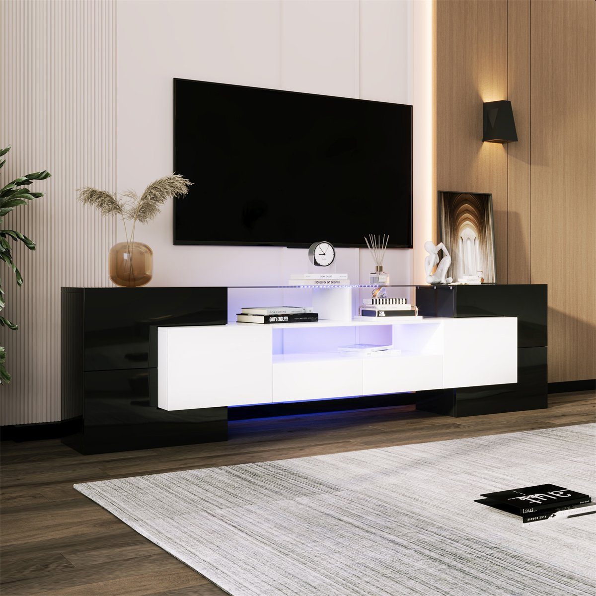 TV-Schränke Schwarz Halterung(200*30*61cm) TV LED und mit mit Schubladen drei zwei TV-Schrank sechs Türen, Lowboard,TV autolock Fächern LED-Beleuchtung