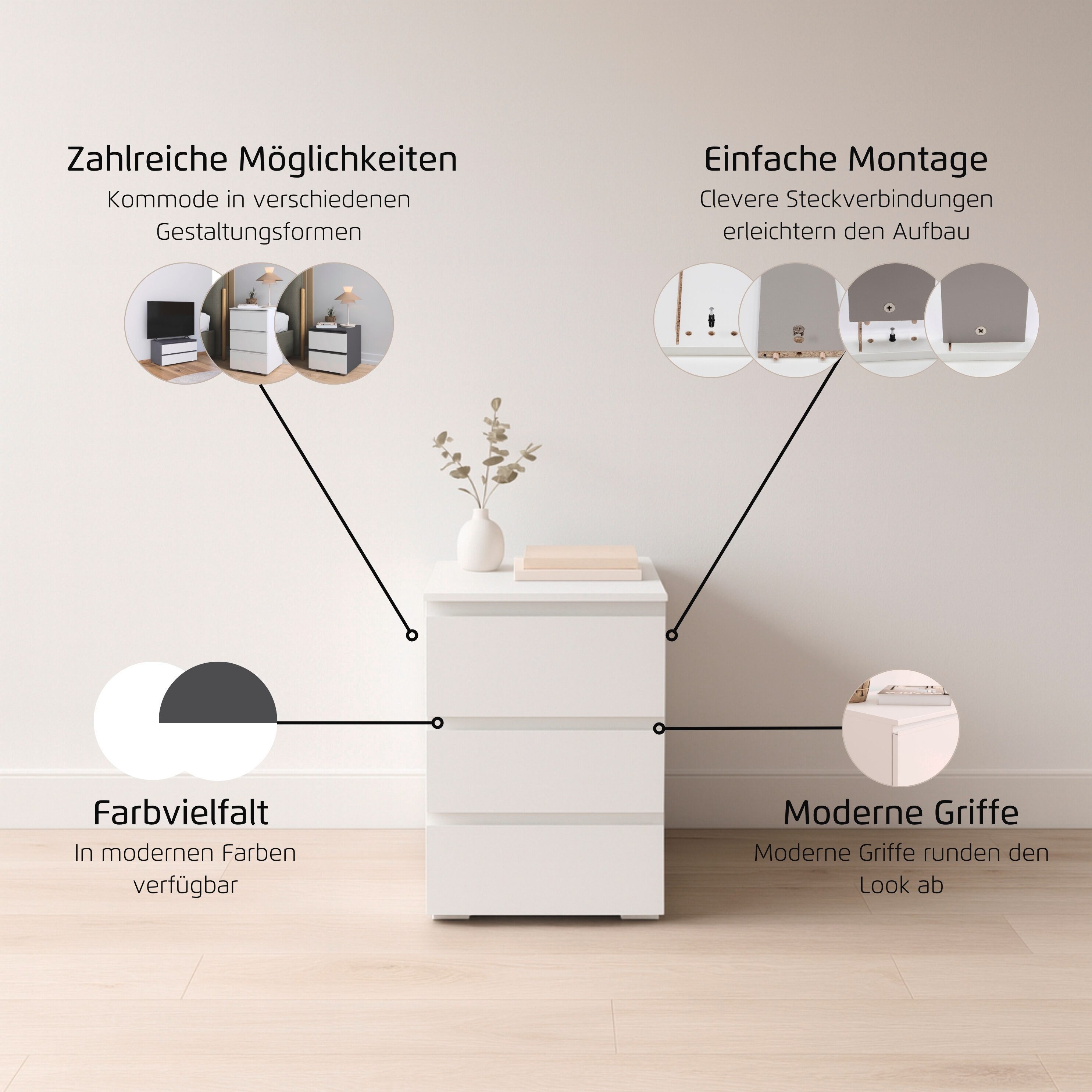 rauch Nachtkommode Nachttisch Nachtkonsole Nachtschrank MAINZ (Breite 40 cm), drei praktische und geräumige Schubladen MADE IN GERMANY – Bild 5 von 5