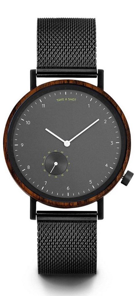 TAKE A SHOT Quarzuhr Vernon: Walnussholz - Mesh Gunmetal Holz-Herrenuhr  42mm, Holzuhr