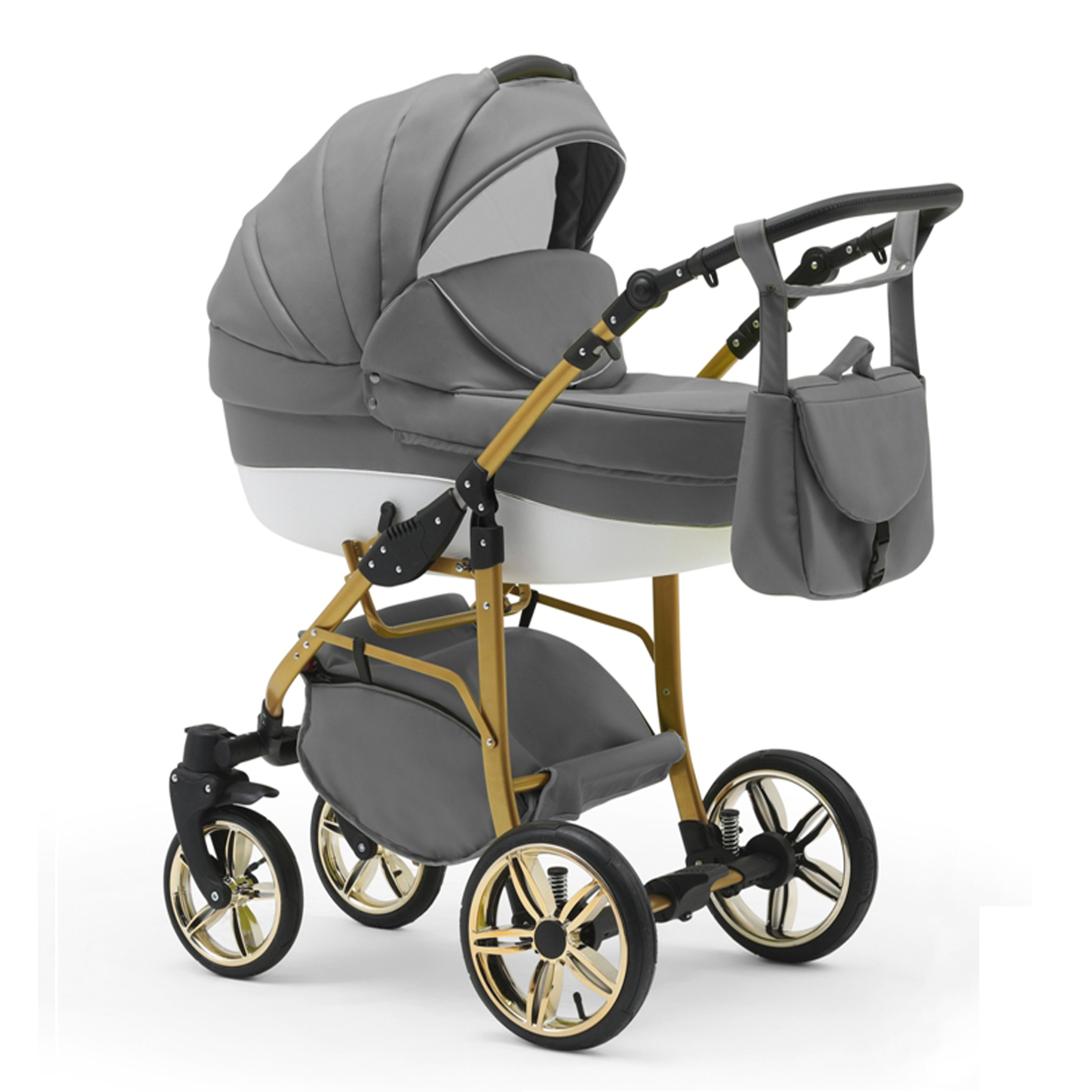 babies-on-wheels Kombi-Kinderwagen 2 in 1 Kinderwagen-Set Cosmo ECO Gold - 13 Teile - in 46 Farben Grau-Weiß