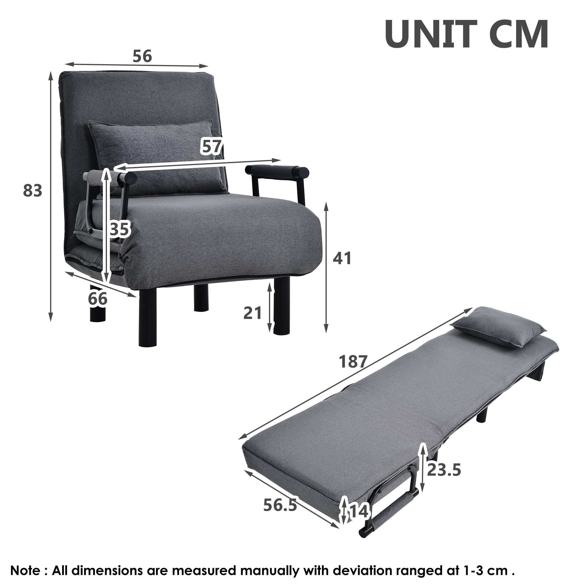 HAUSS SPLOE Schlafsofa Umwandelbarer Schlafsofa-Schlafsessel, Kissen, klappbarer Freizeit-Chaiselounge-Couch Kissen, gepolsterter mit Sitz, Sessel mit Grau