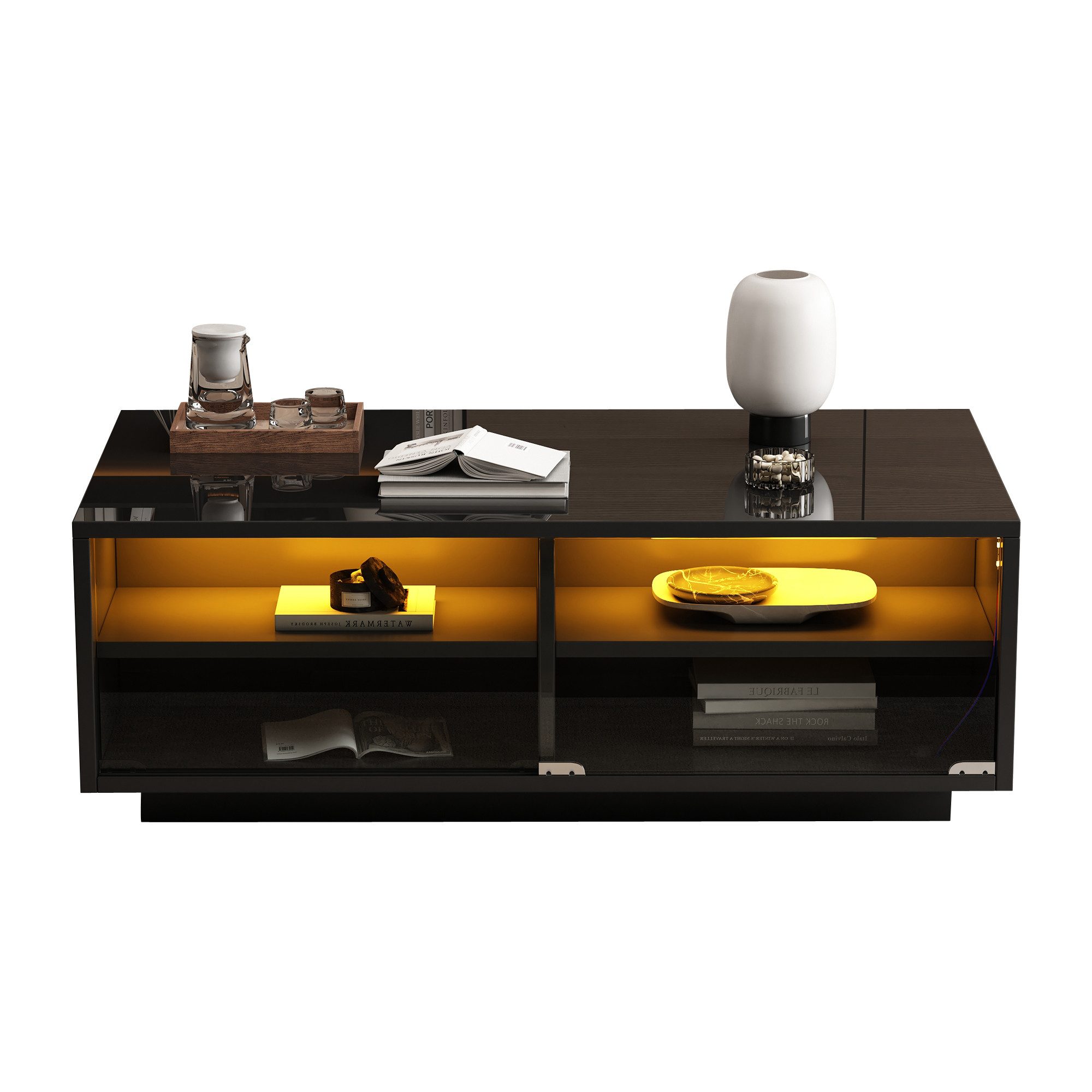 KLAM HOME Couchtisch 94x50x34 cm Schwarzer Hochglanz-LED-Couchtisch (Sofati günstig online kaufen