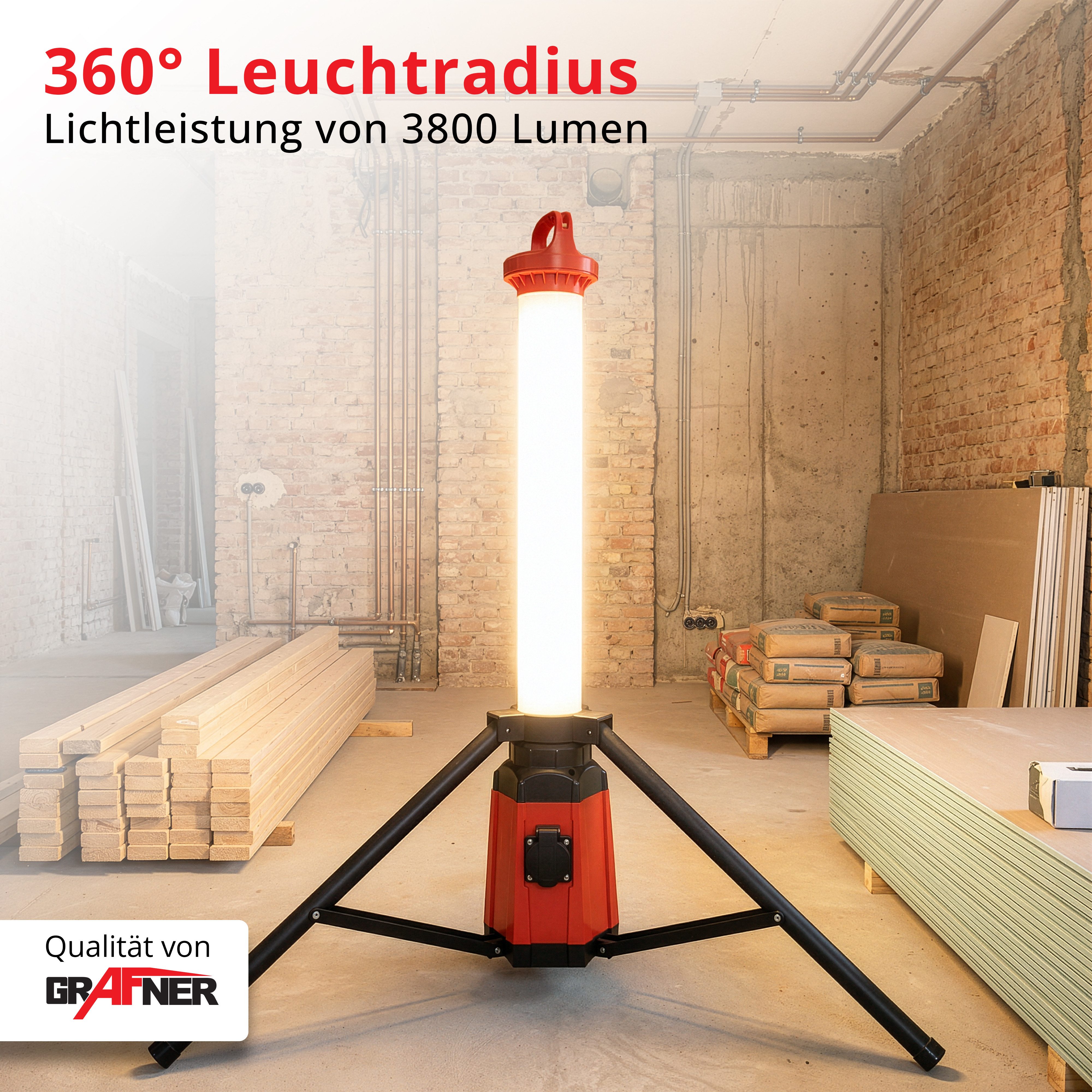 Grafner LED Baustrahler Arbeitsstrahler 360° Baustellenleuchte Standleuchte IP44 3800Lm, LED fest integriert, Standleuchte