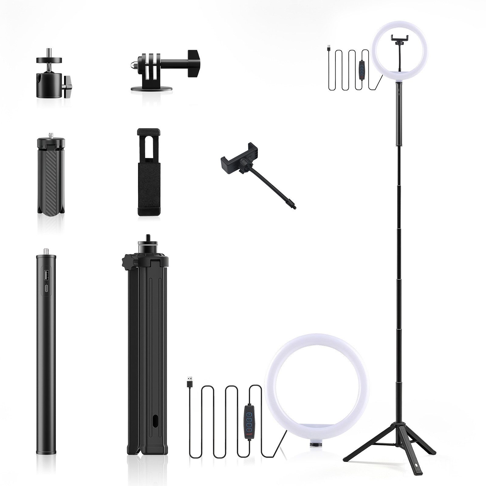 Rhein Beleuchtung Ringlicht LED Ringlicht mit Stativ 178 cm & Selfie Stick 10 Zoll, 10000mAh Akku, 3 Lichtfarben, 10 Helligkeitsstufen, 360° drehbar